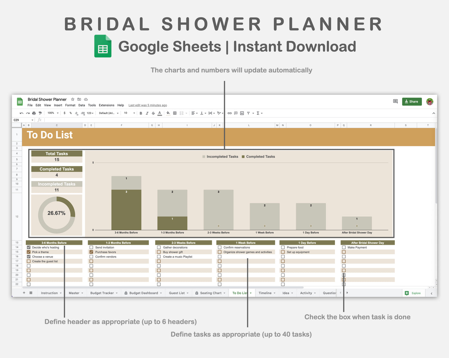 Google Sheets - Bridal Shower Planner - Boho