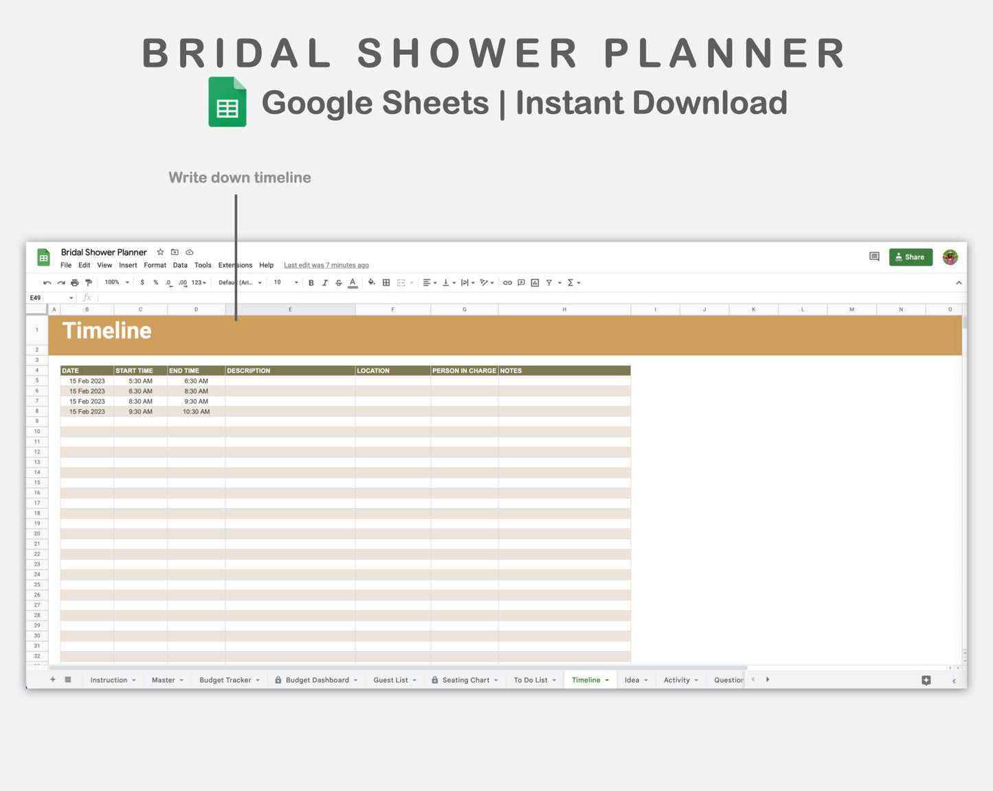 Google Sheets - Bridal Shower Planner - Boho
