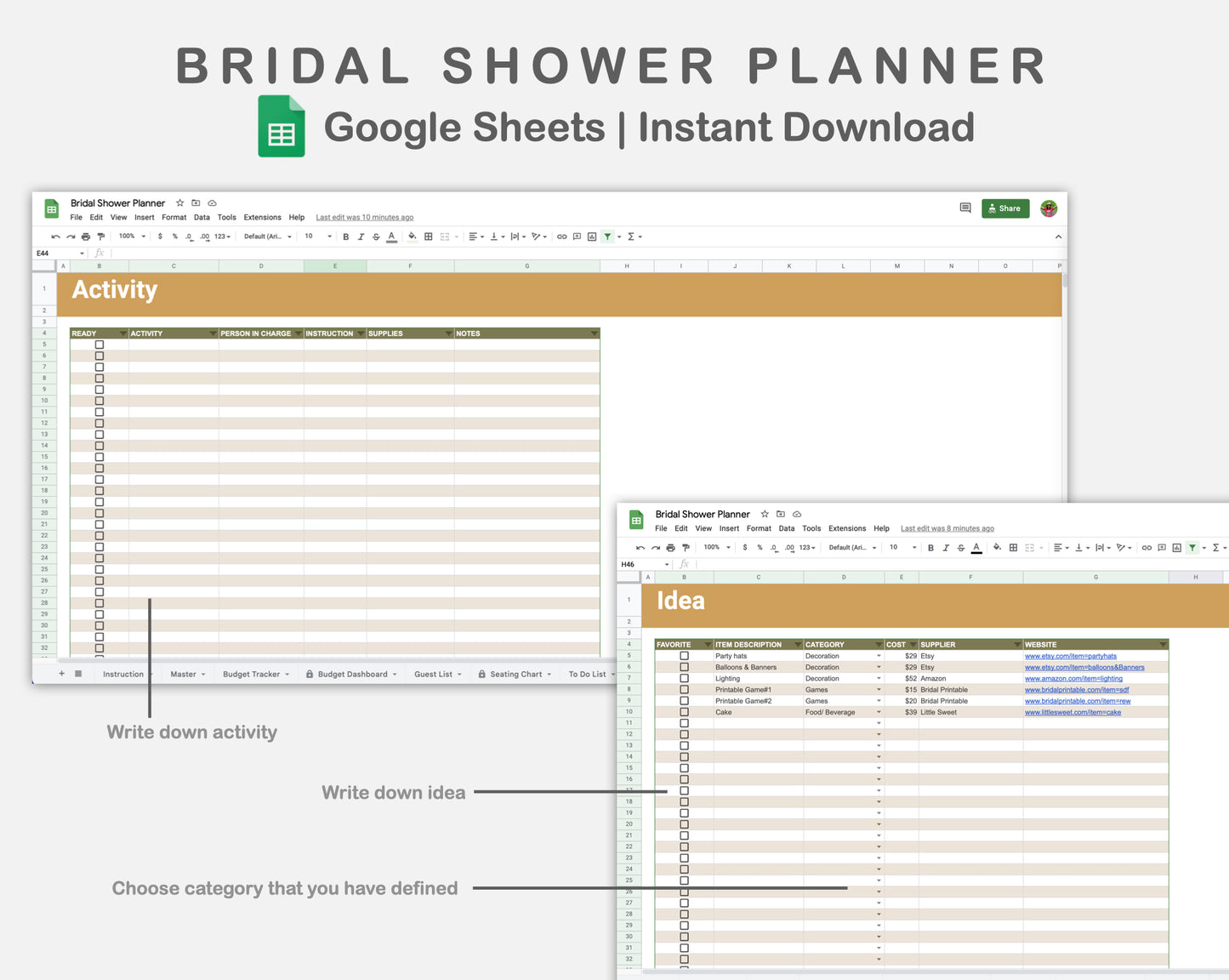 Google Sheets - Bridal Shower Planner - Boho