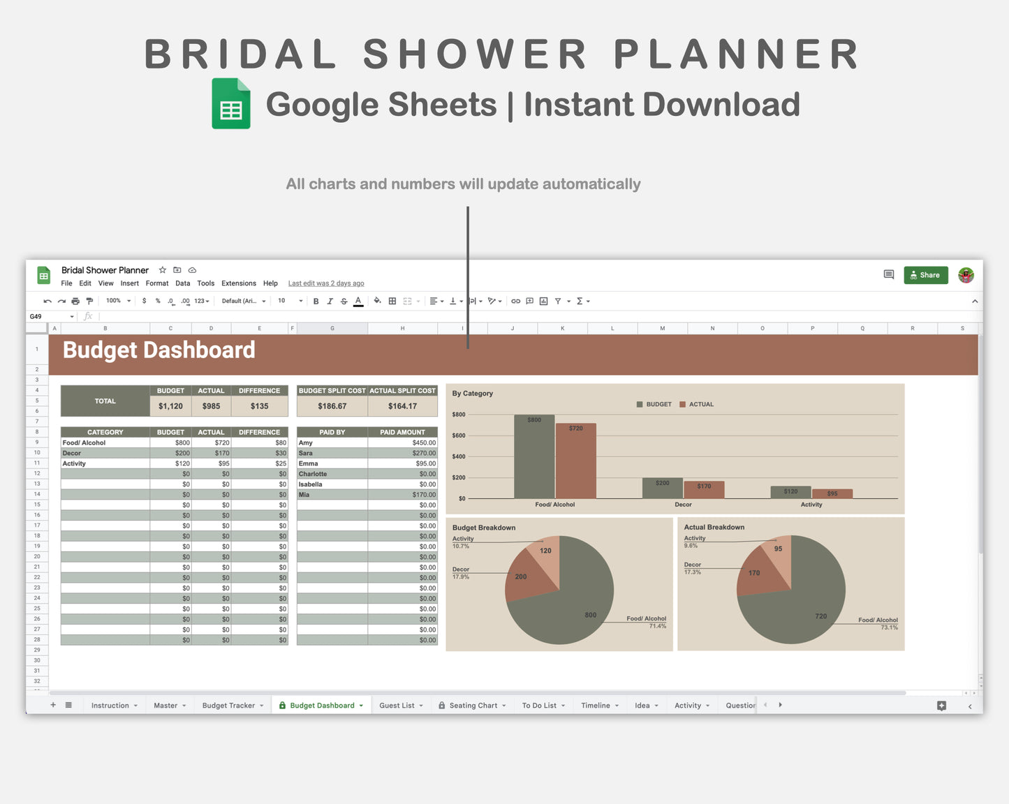 Google Sheets - Bridal Shower Planner - Earthy