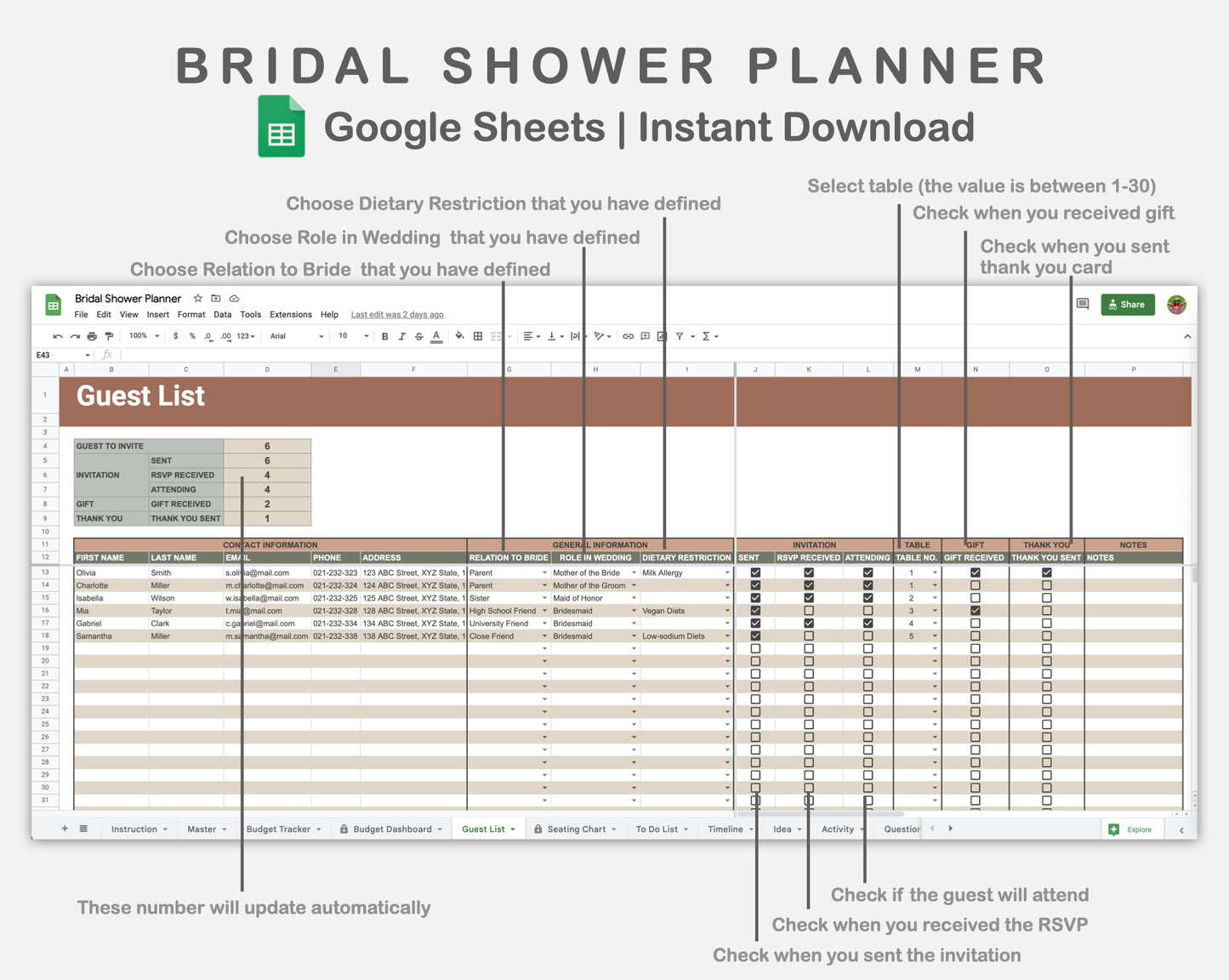 Google Sheets - Bridal Shower Planner - Earthy