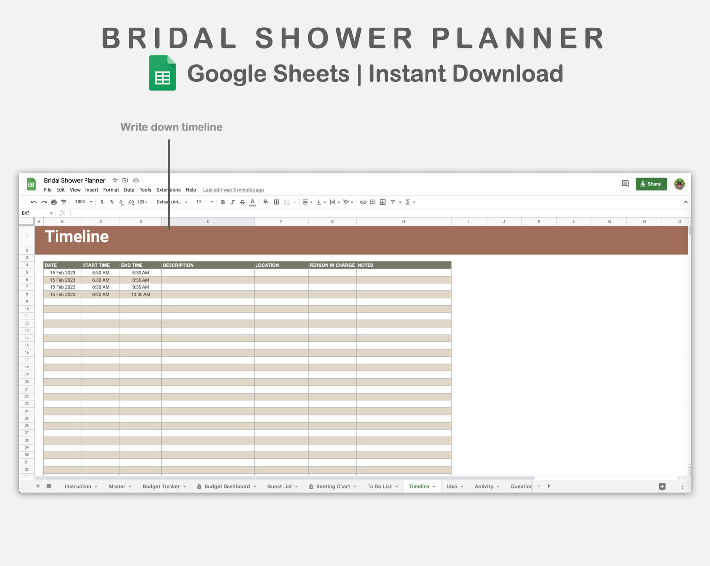 Google Sheets - Bridal Shower Planner - Earthy