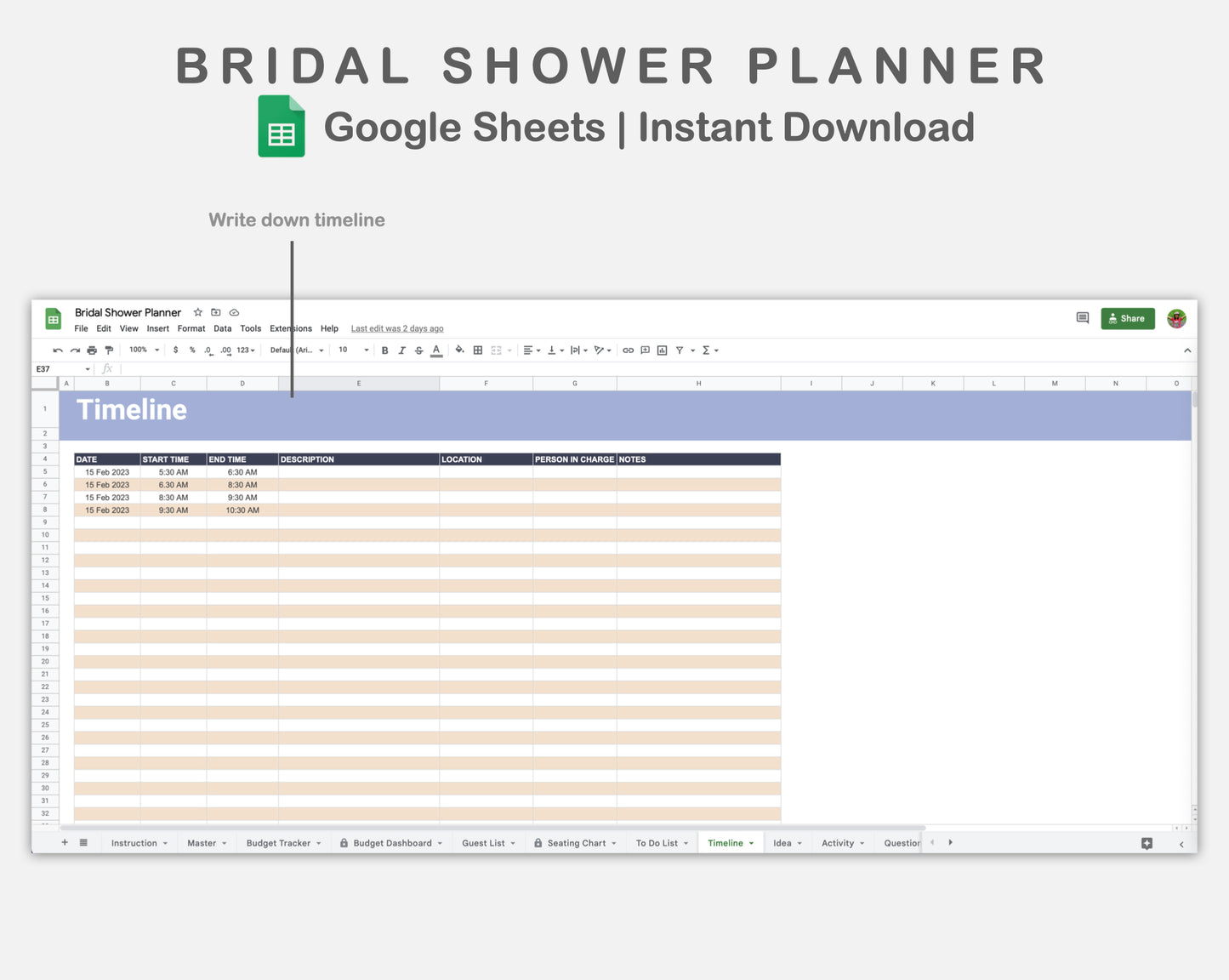 Google Sheets - Bridal Shower Planner - Sweet