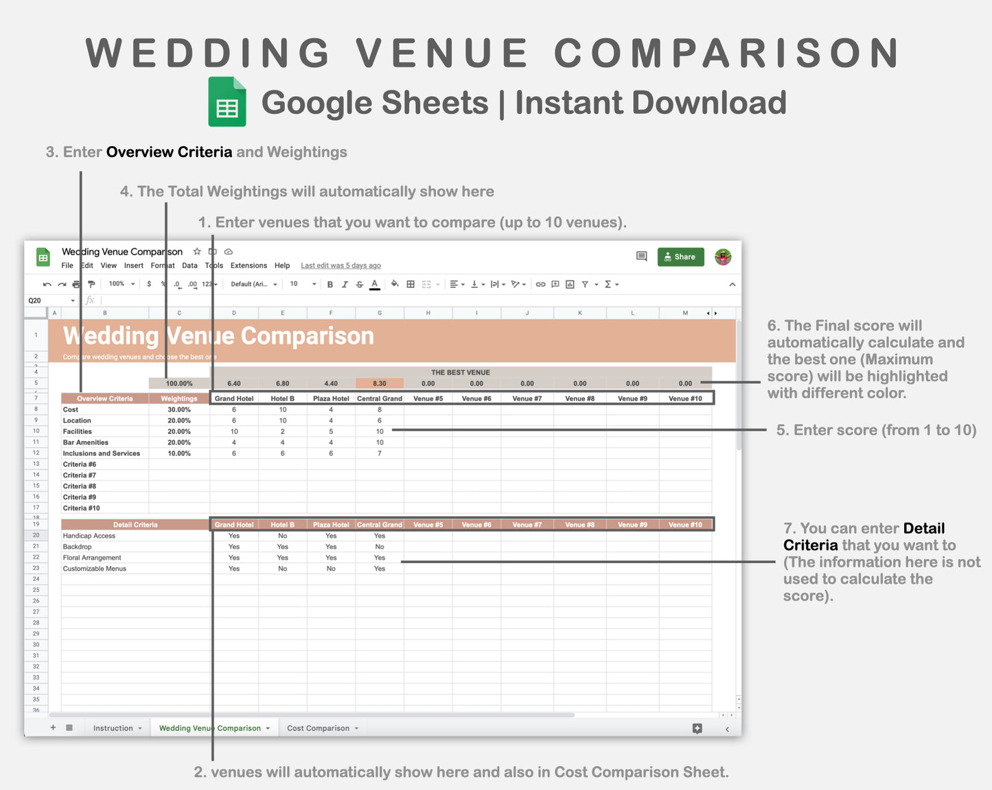 Google Sheets - Wedding Venue Comparison - Neutral