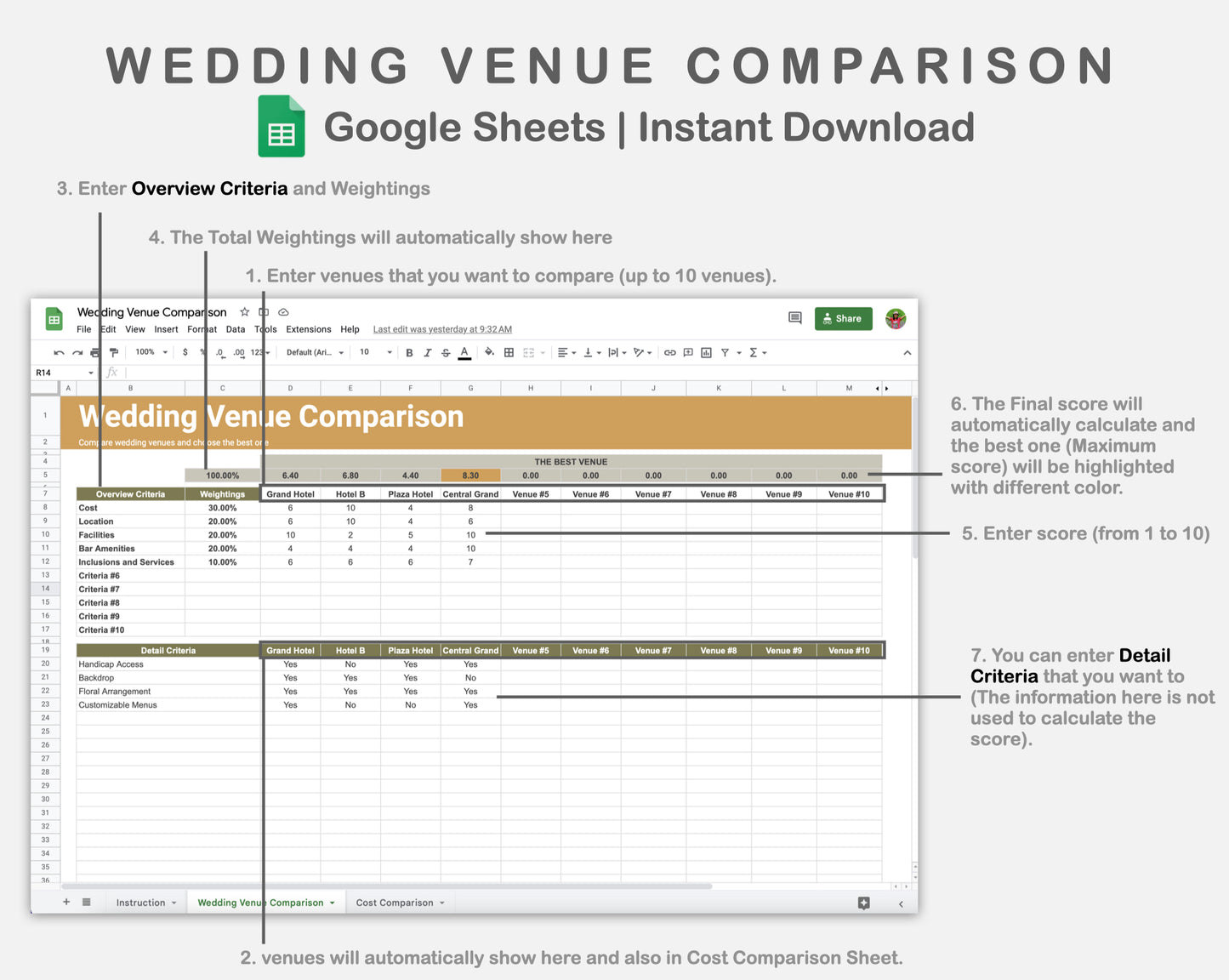 Google Sheets - Wedding Venue Comparison - Boho