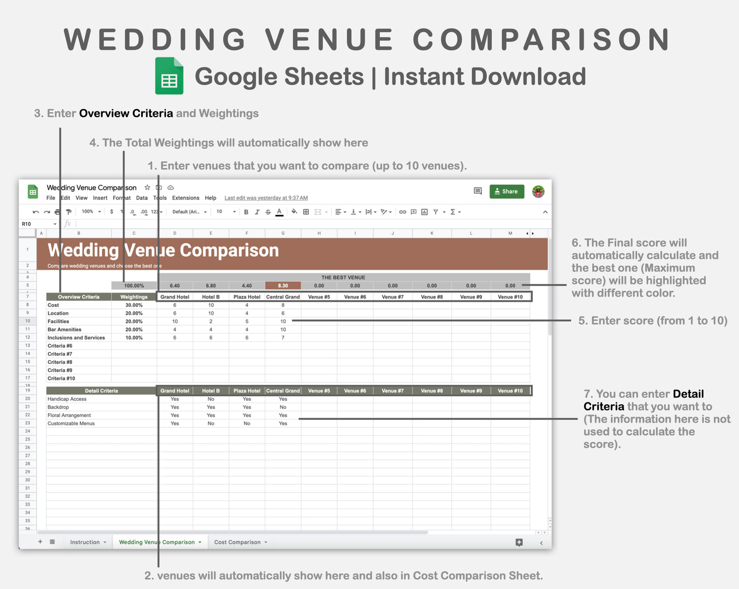 Google Sheets - Wedding Venue Comparison - Earthy