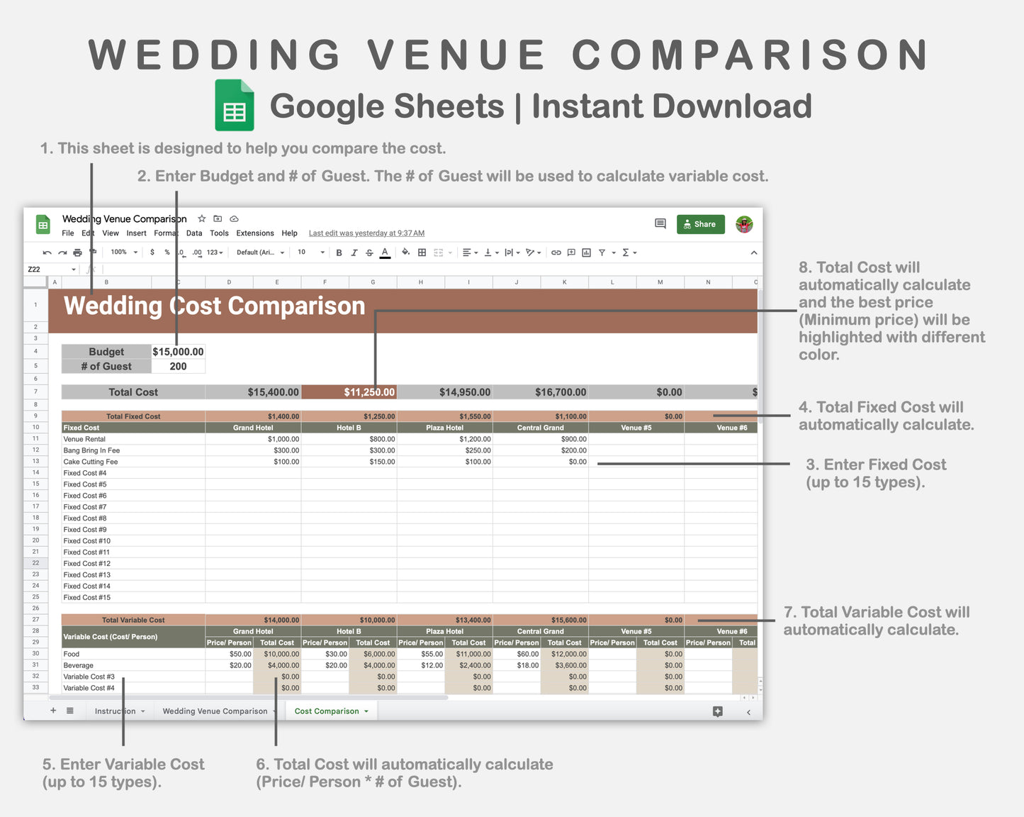 Google Sheets - Wedding Venue Comparison - Earthy