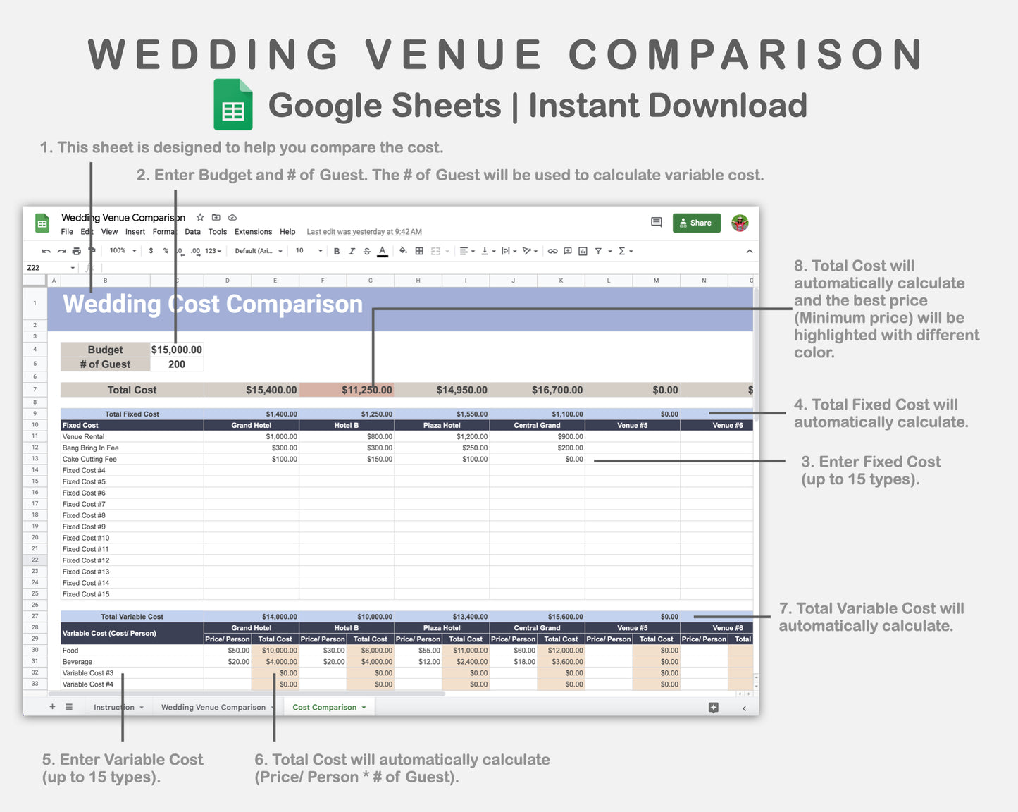 Google Sheets - Wedding Venue Comparison - Sweet
