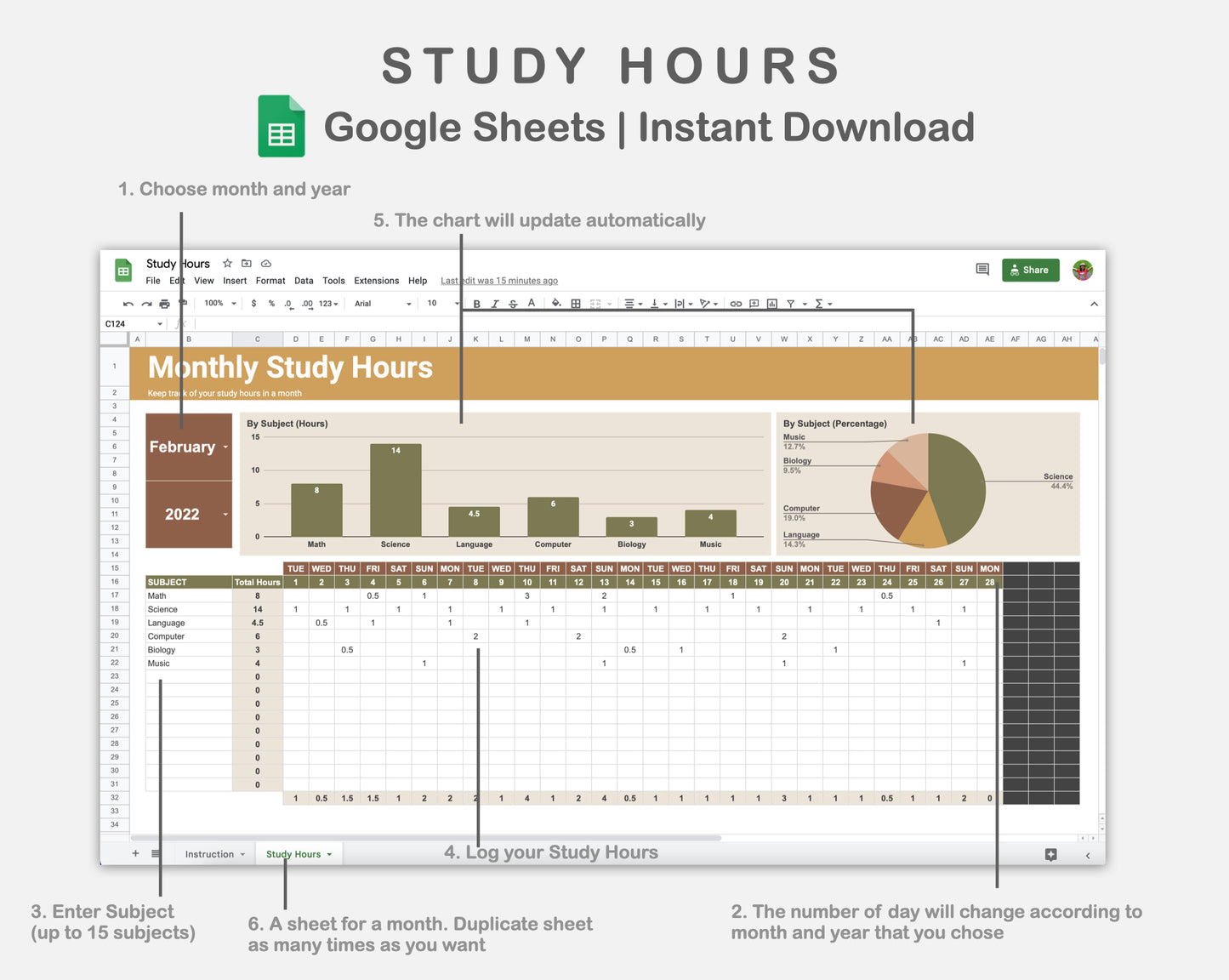Google Sheets - Study Hours - Boho