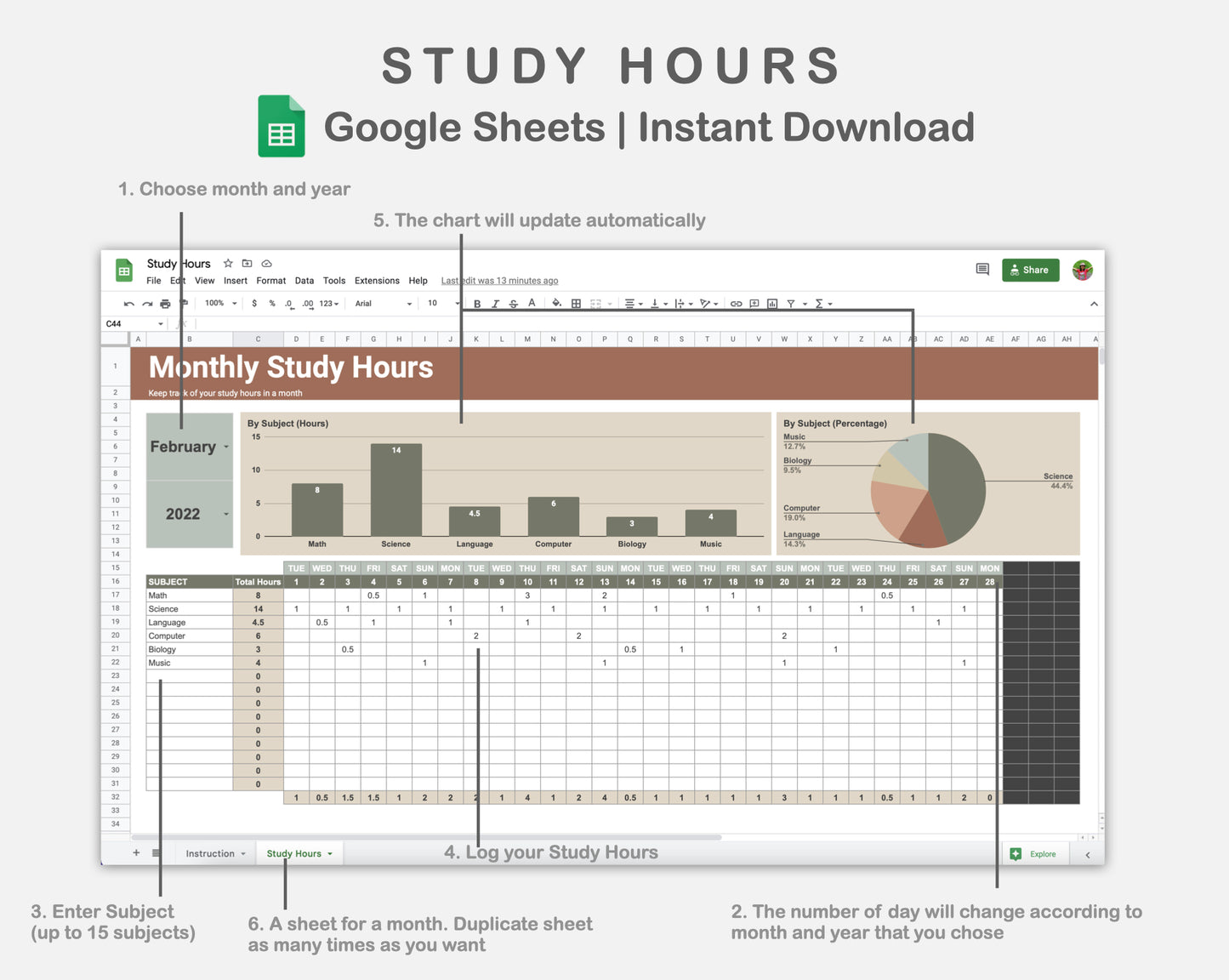 Google Sheets - Study Hours - Earthy