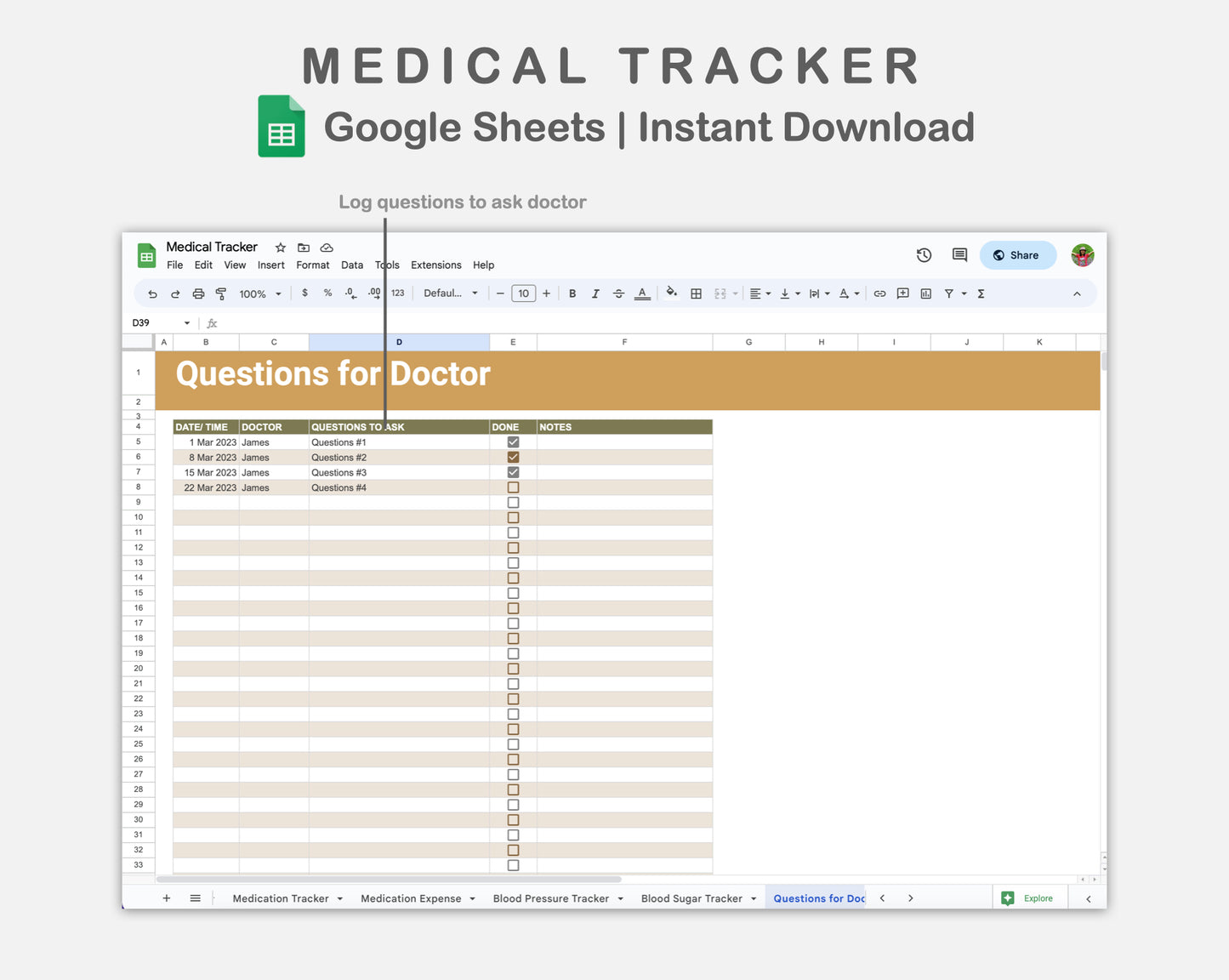 Google Sheets - Medical Tracker - Boho