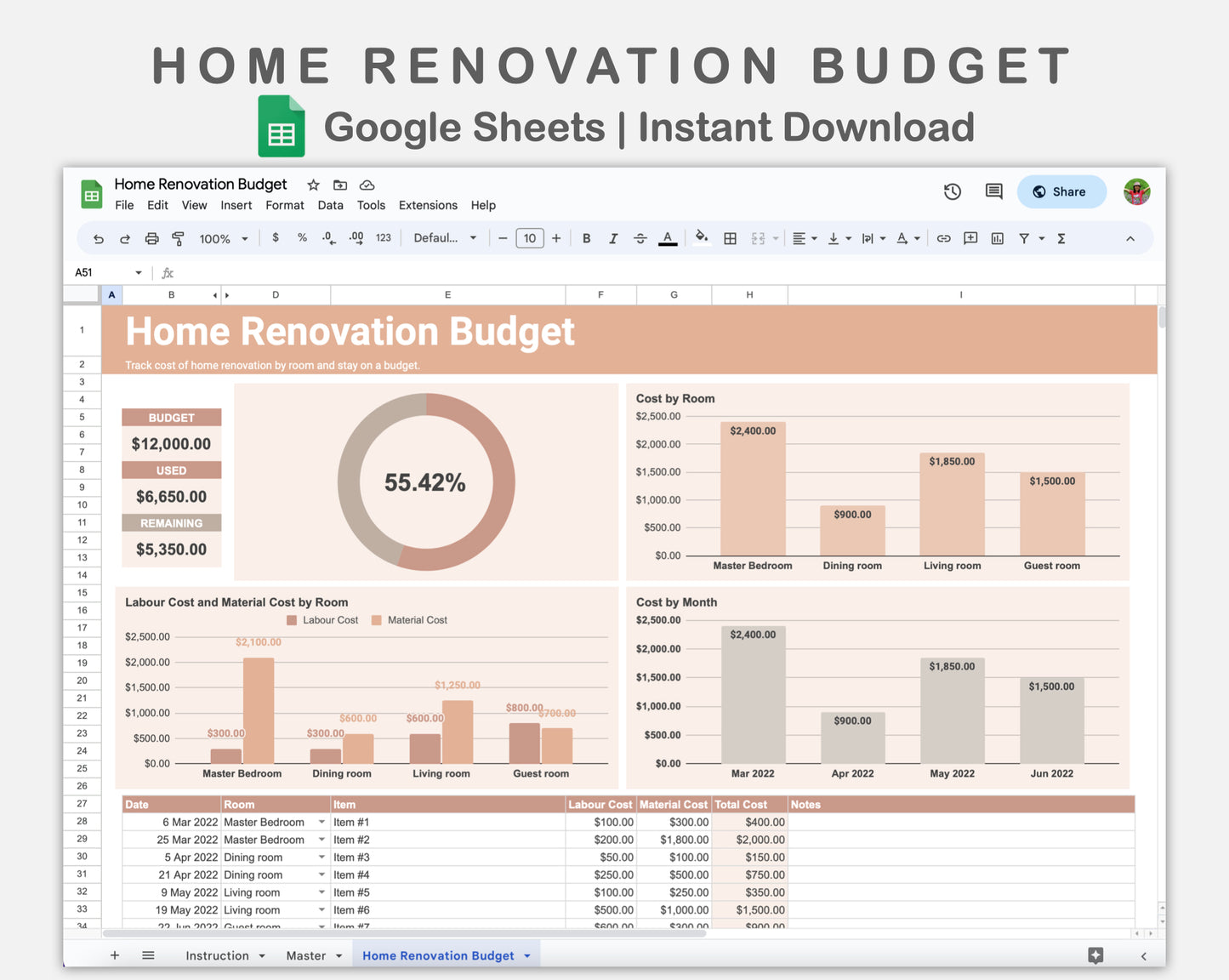 Google Sheets - Home Renovation Budget - Neutral