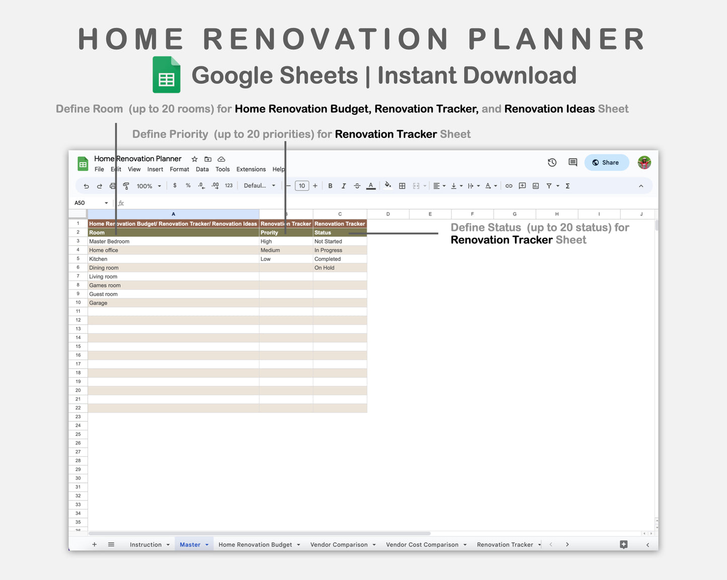 Google Sheets - Home Renovation Planner - Boho