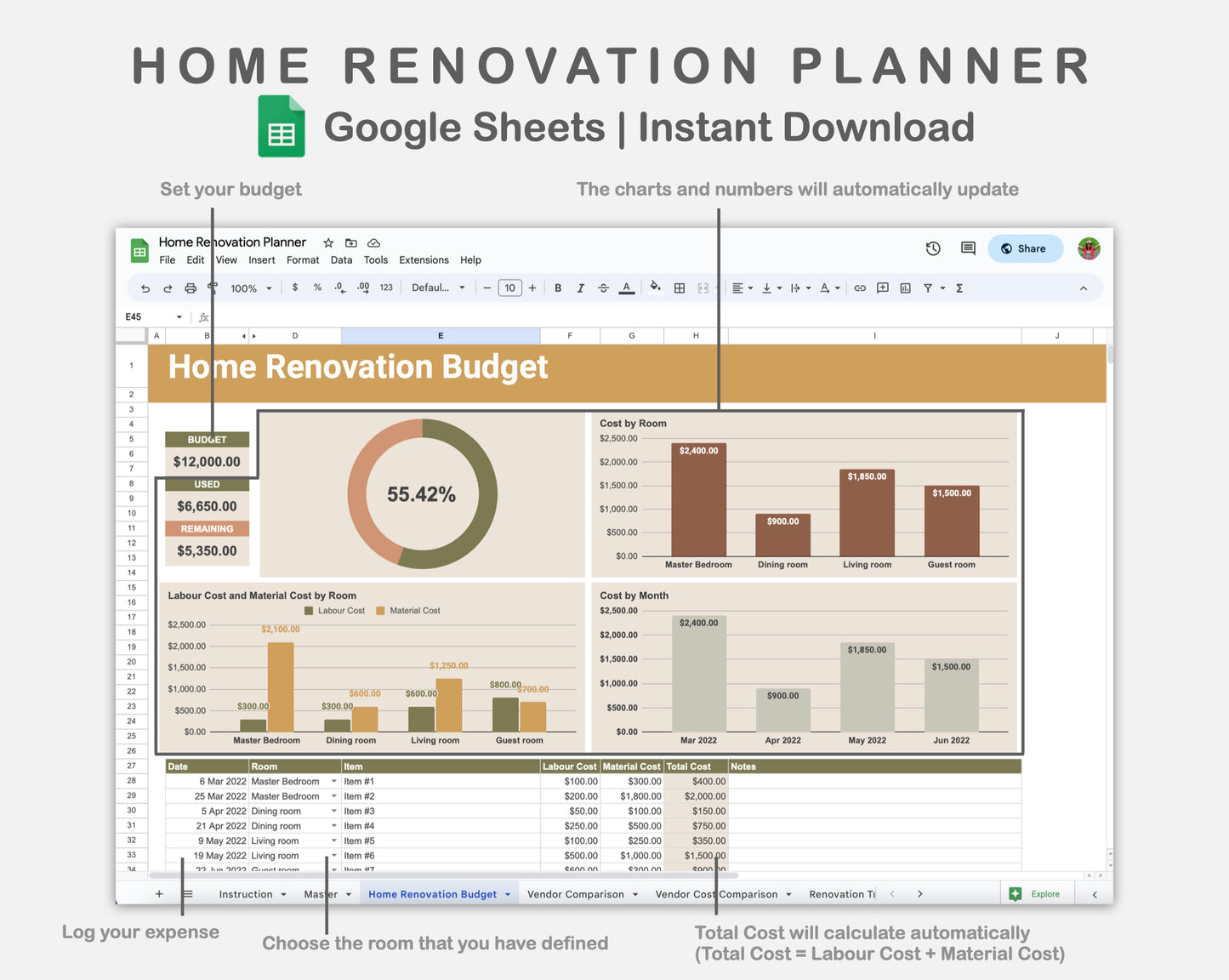 Google Sheets - Home Renovation Planner - Boho