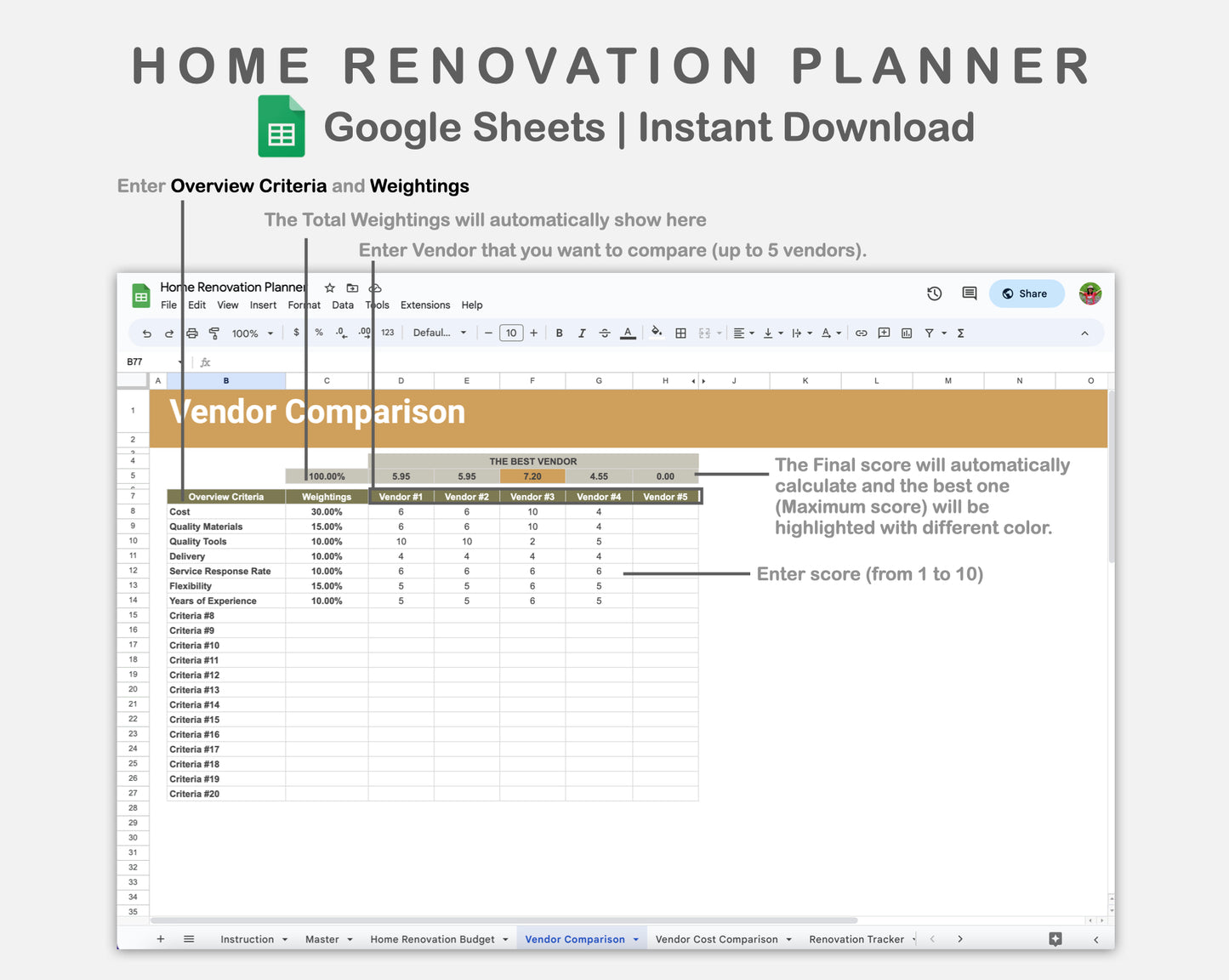 Google Sheets - Home Renovation Planner - Boho