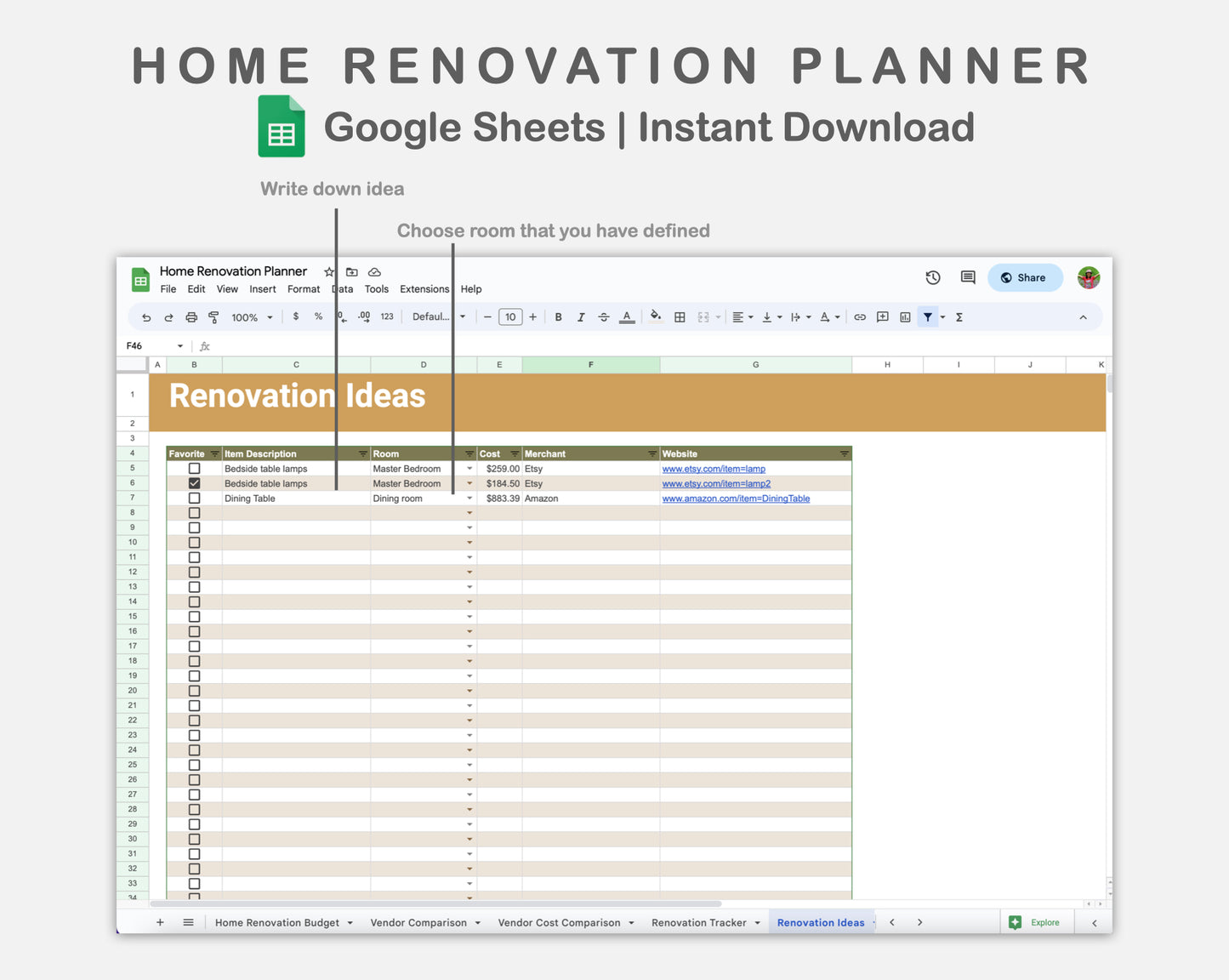 Google Sheets - Home Renovation Planner - Boho