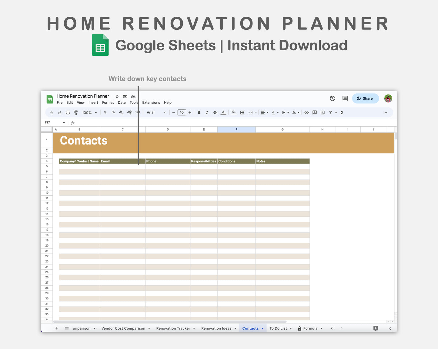 Google Sheets - Home Renovation Planner - Boho