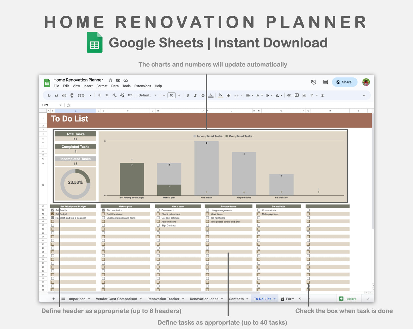 Google Sheets - Home Renovation Planner - Earthy
