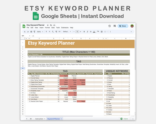 Google Sheets - Etsy Keyword Planner - Boho