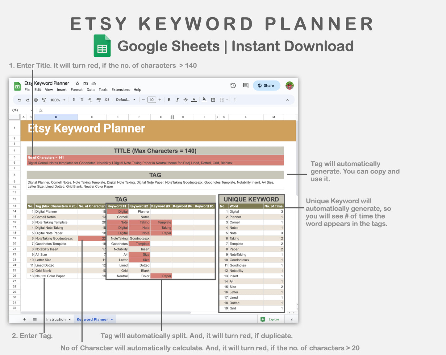 Google Sheets - Etsy Keyword Planner - Boho