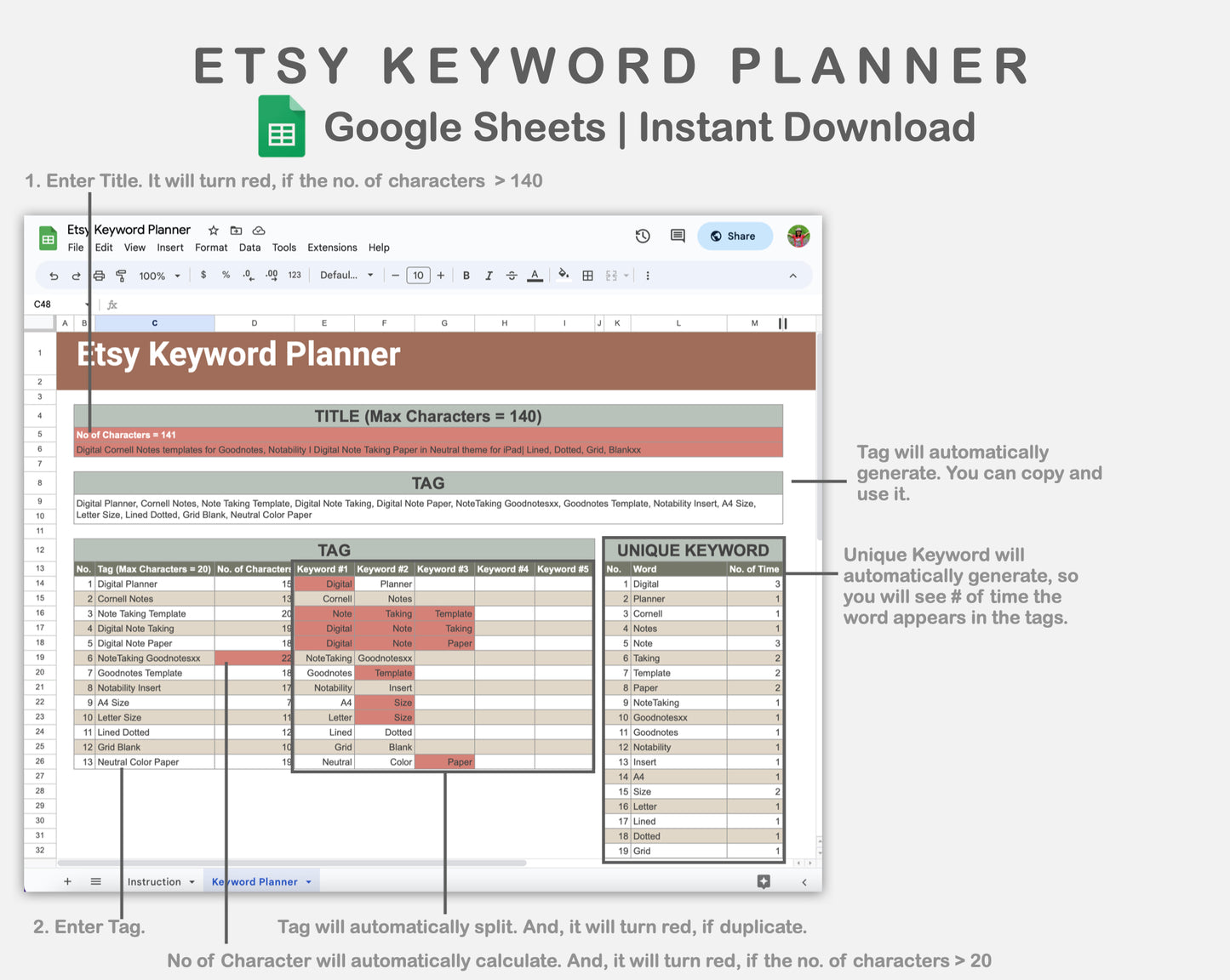 Google Sheets - Etsy Keyword Planner - Earthy