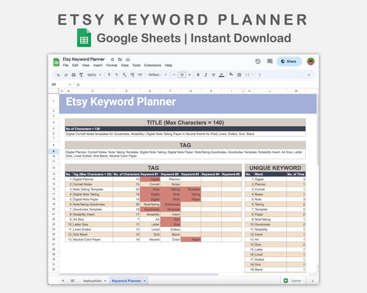 Google Sheets - Etsy Keyword Planner - Sweet