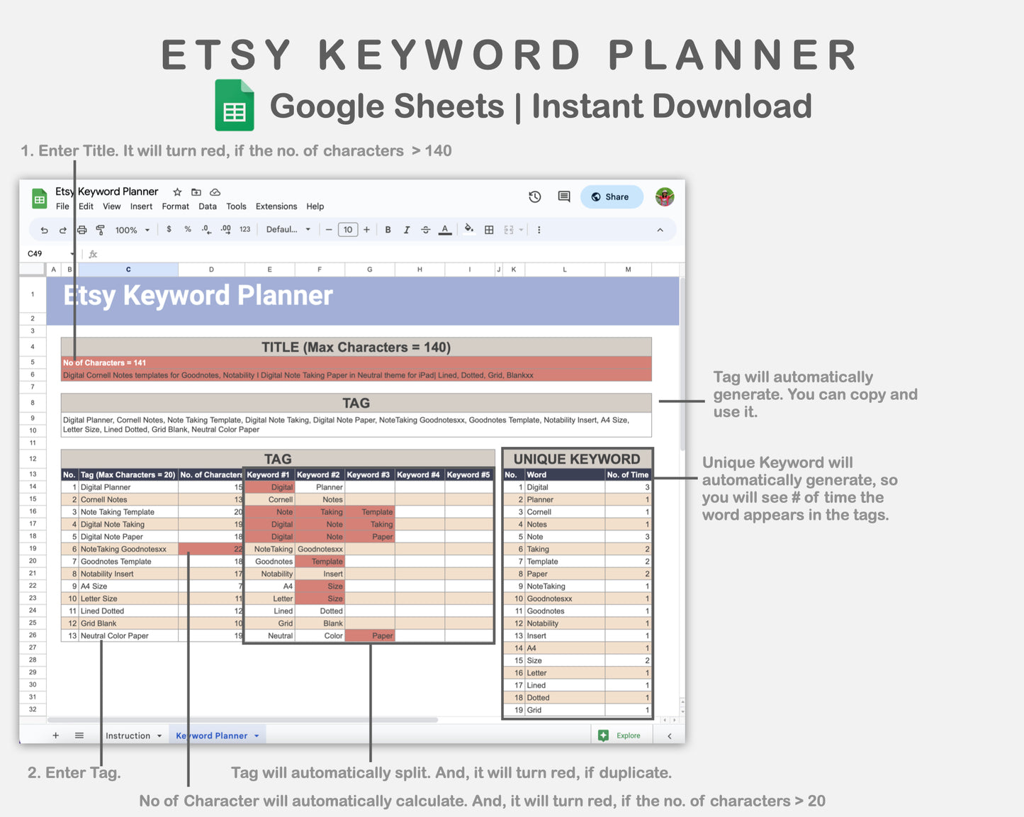 Google Sheets - Etsy Keyword Planner - Sweet