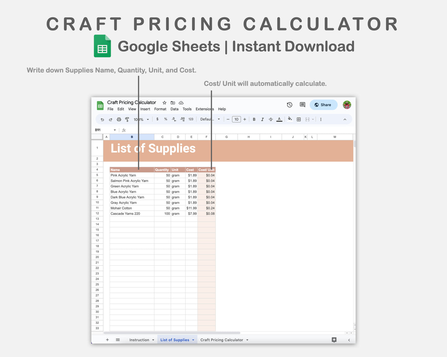 Google Sheets - Craft Pricing Calculator - Neutral