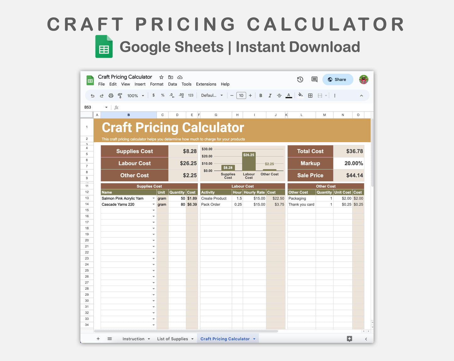 Google Sheets - Craft Pricing Calculator - Boho