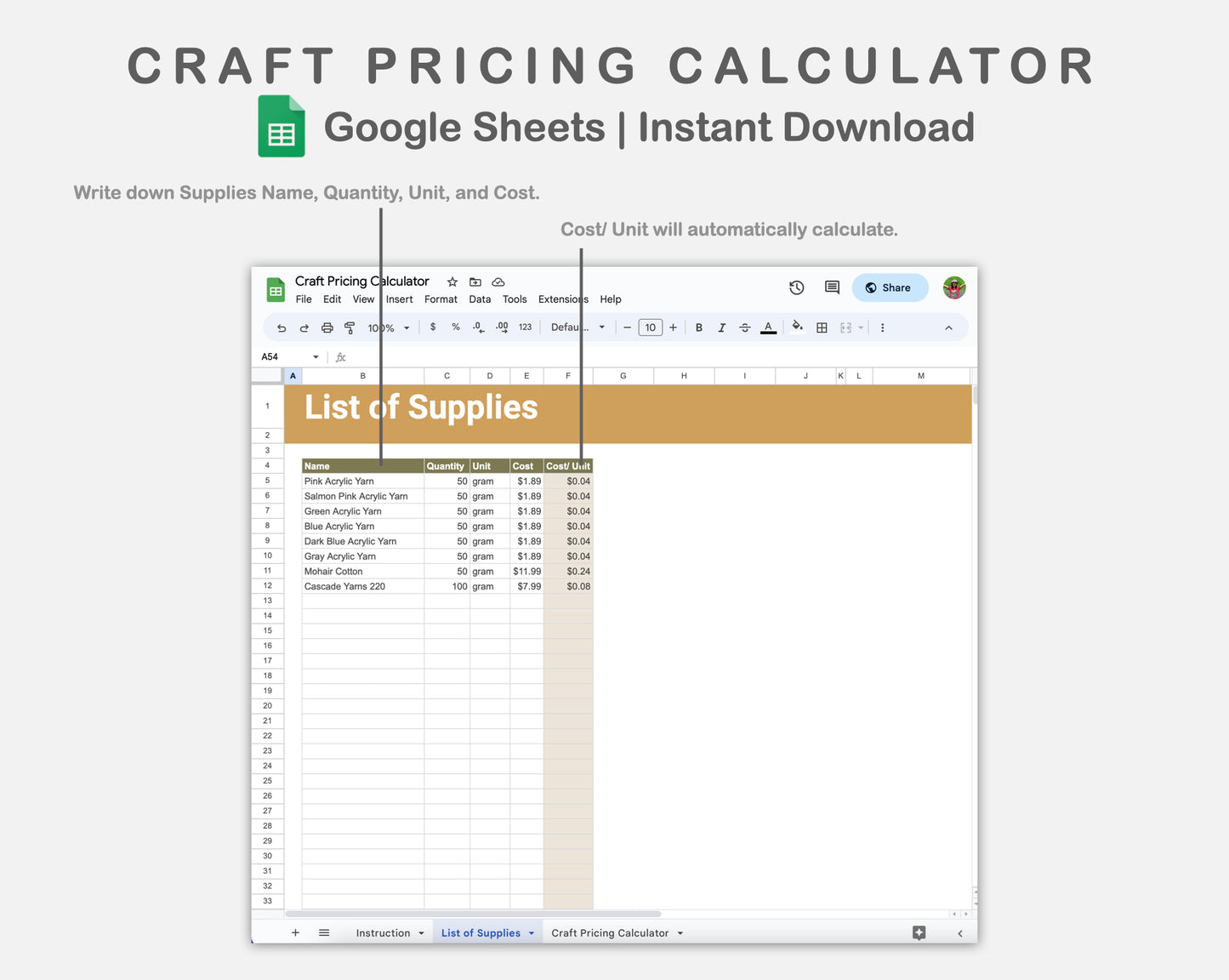 Google Sheets - Craft Pricing Calculator - Boho