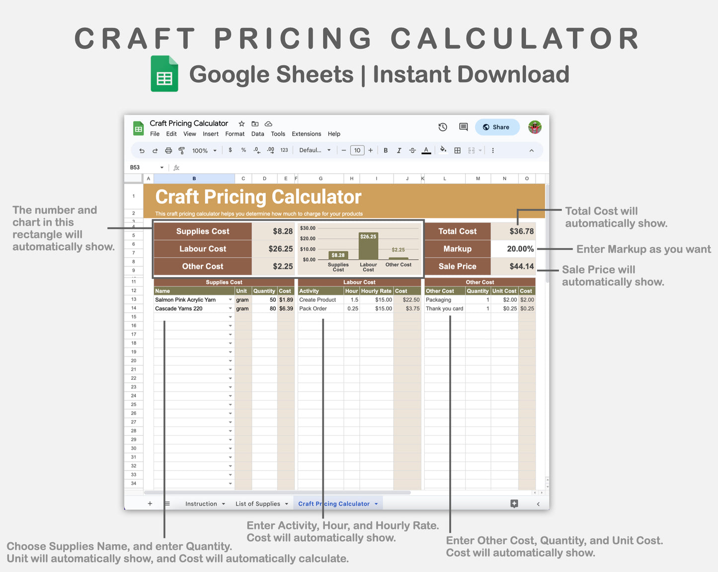 Google Sheets - Craft Pricing Calculator - Boho