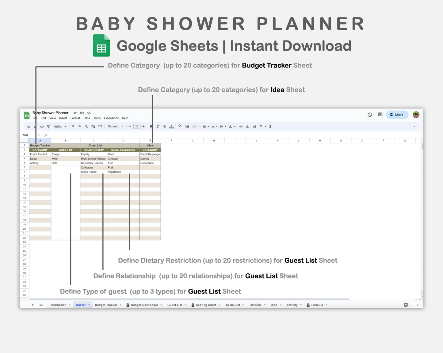 Google Sheets - Baby Shower Planner - Boho
