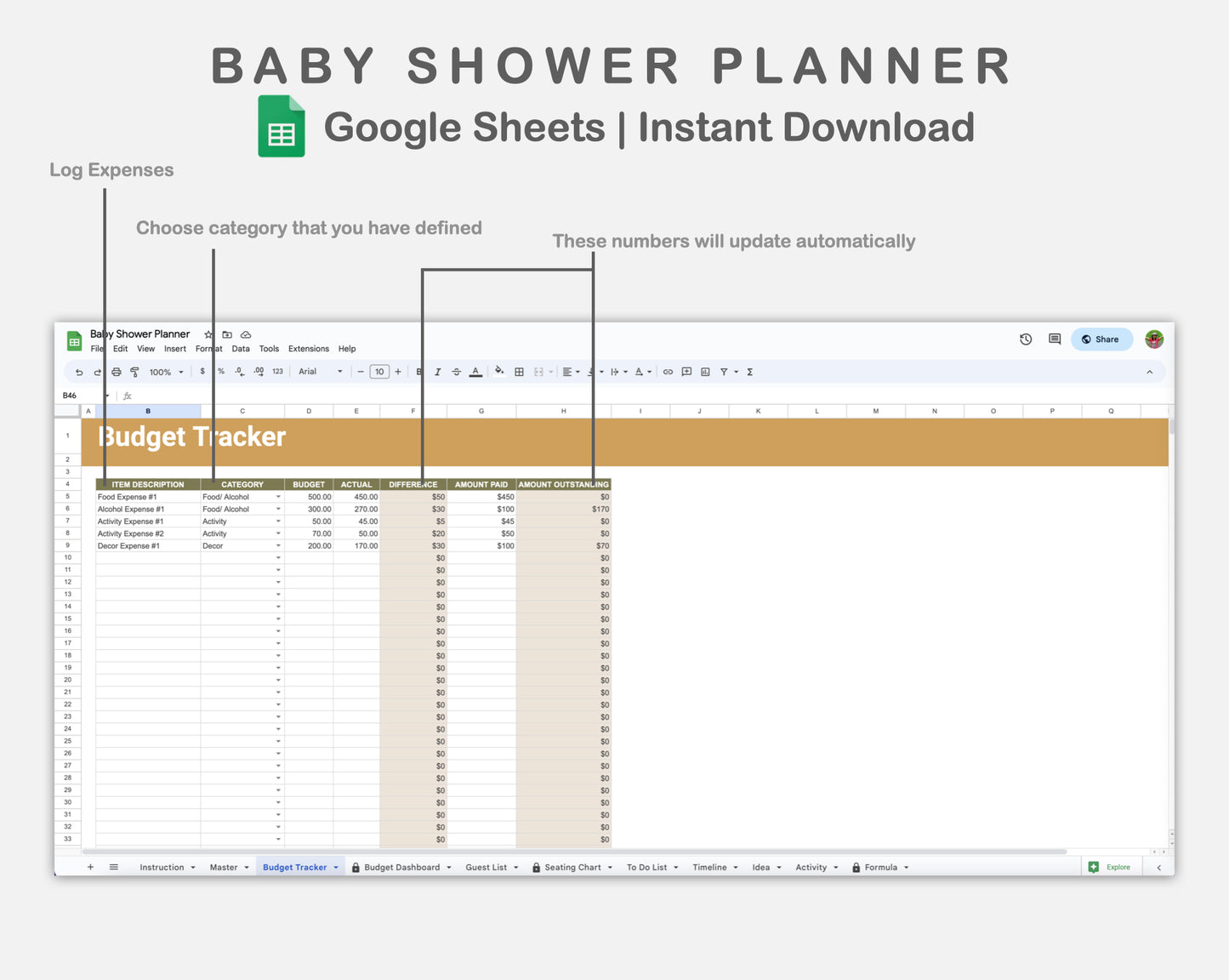 Google Sheets - Baby Shower Planner - Boho