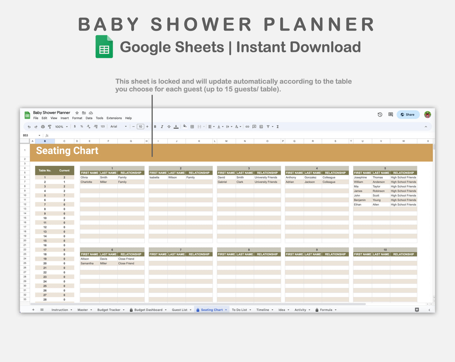 Google Sheets - Baby Shower Planner - Boho