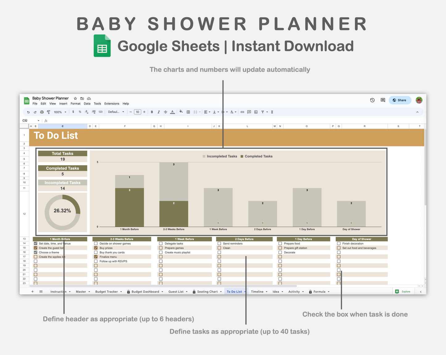 Google Sheets - Baby Shower Planner - Boho