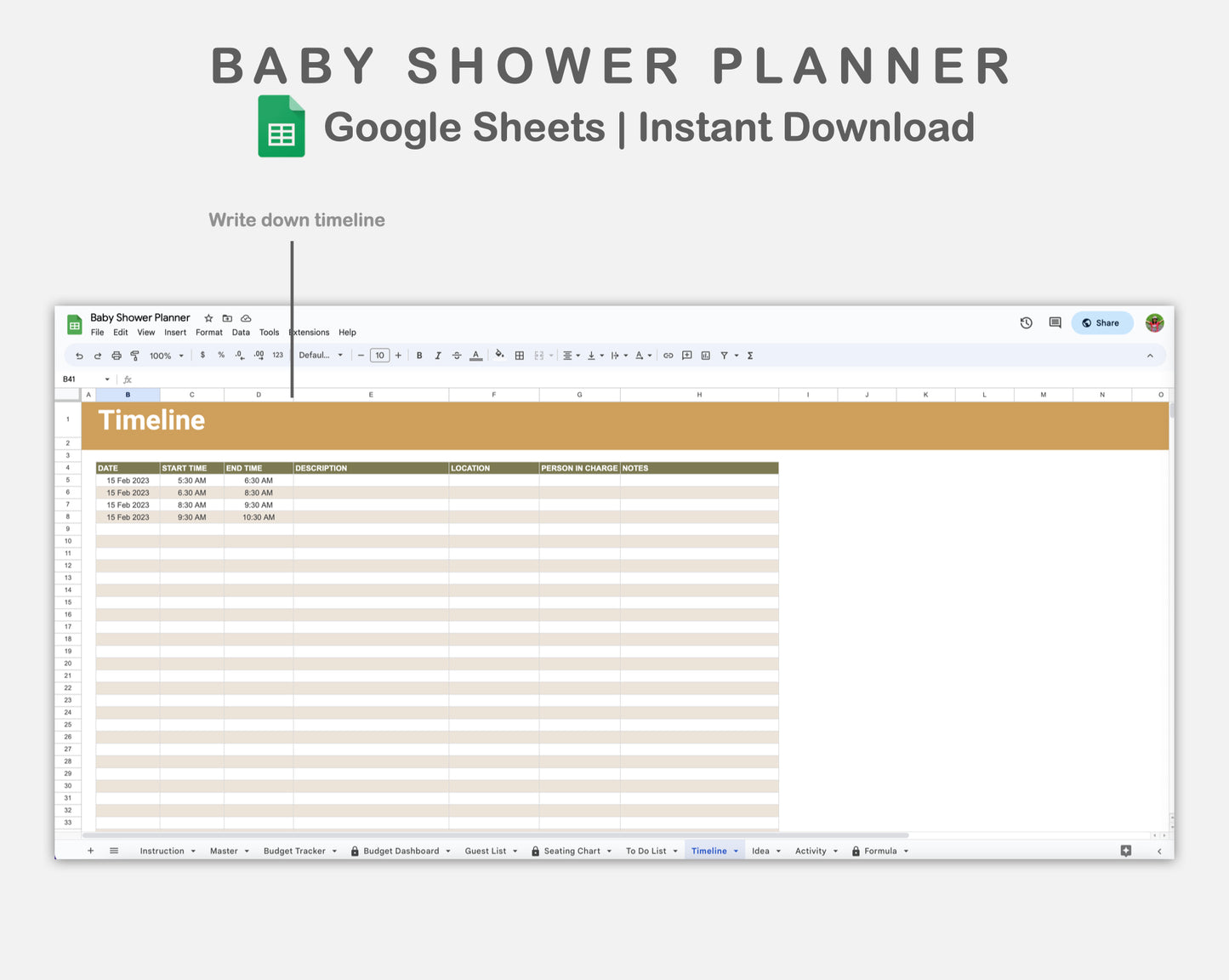 Google Sheets - Baby Shower Planner - Boho