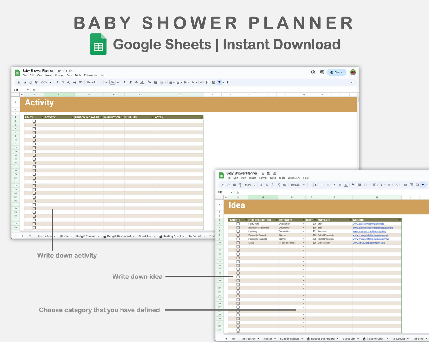 Google Sheets - Baby Shower Planner - Boho