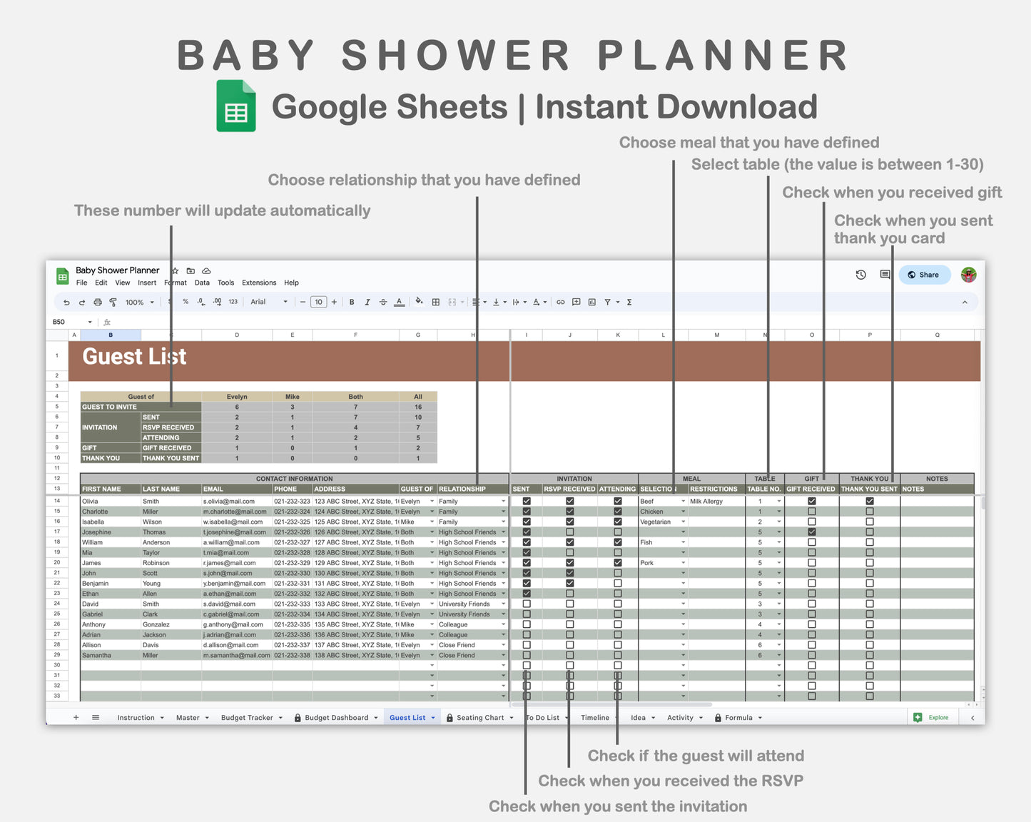 Google Sheets - Baby Shower Planner - Earthy
