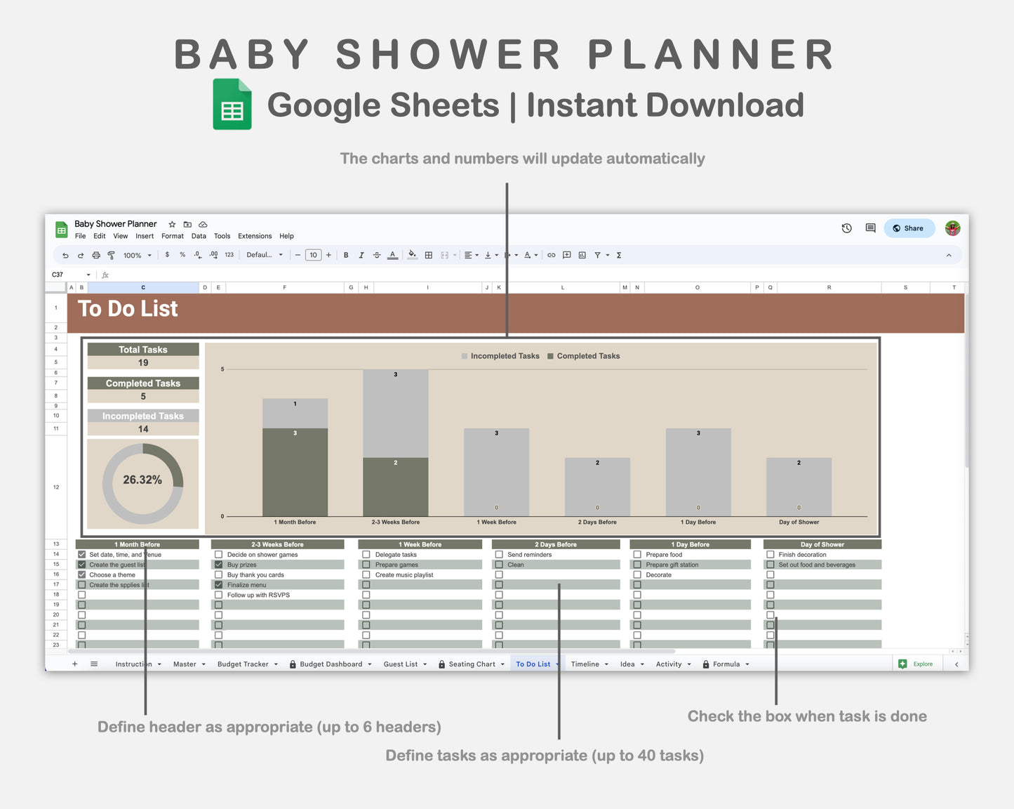 Google Sheets - Baby Shower Planner - Earthy
