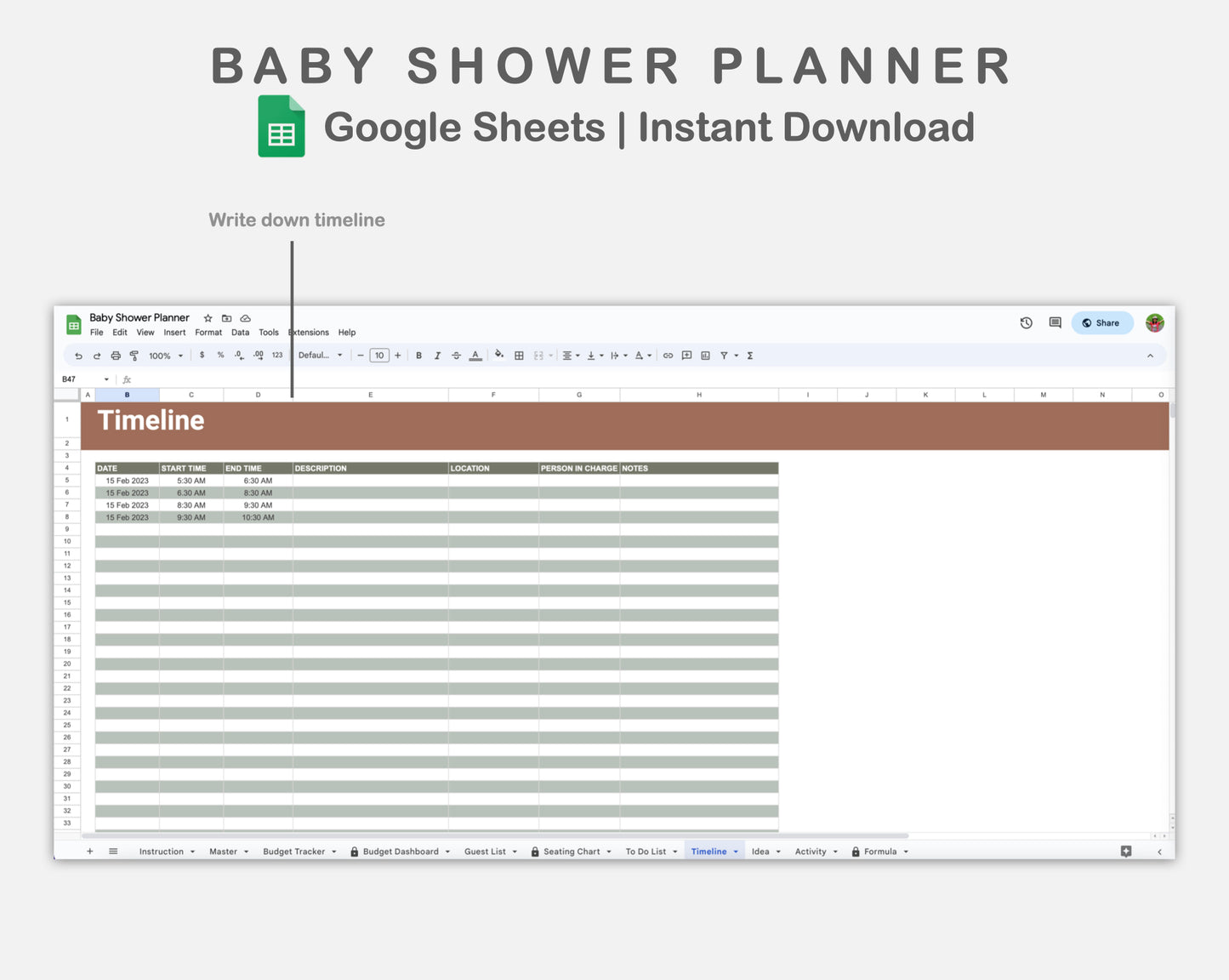 Google Sheets - Baby Shower Planner - Earthy