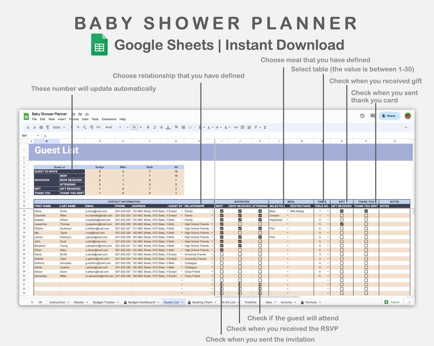 Google Sheets - Baby Shower Planner - Sweet
