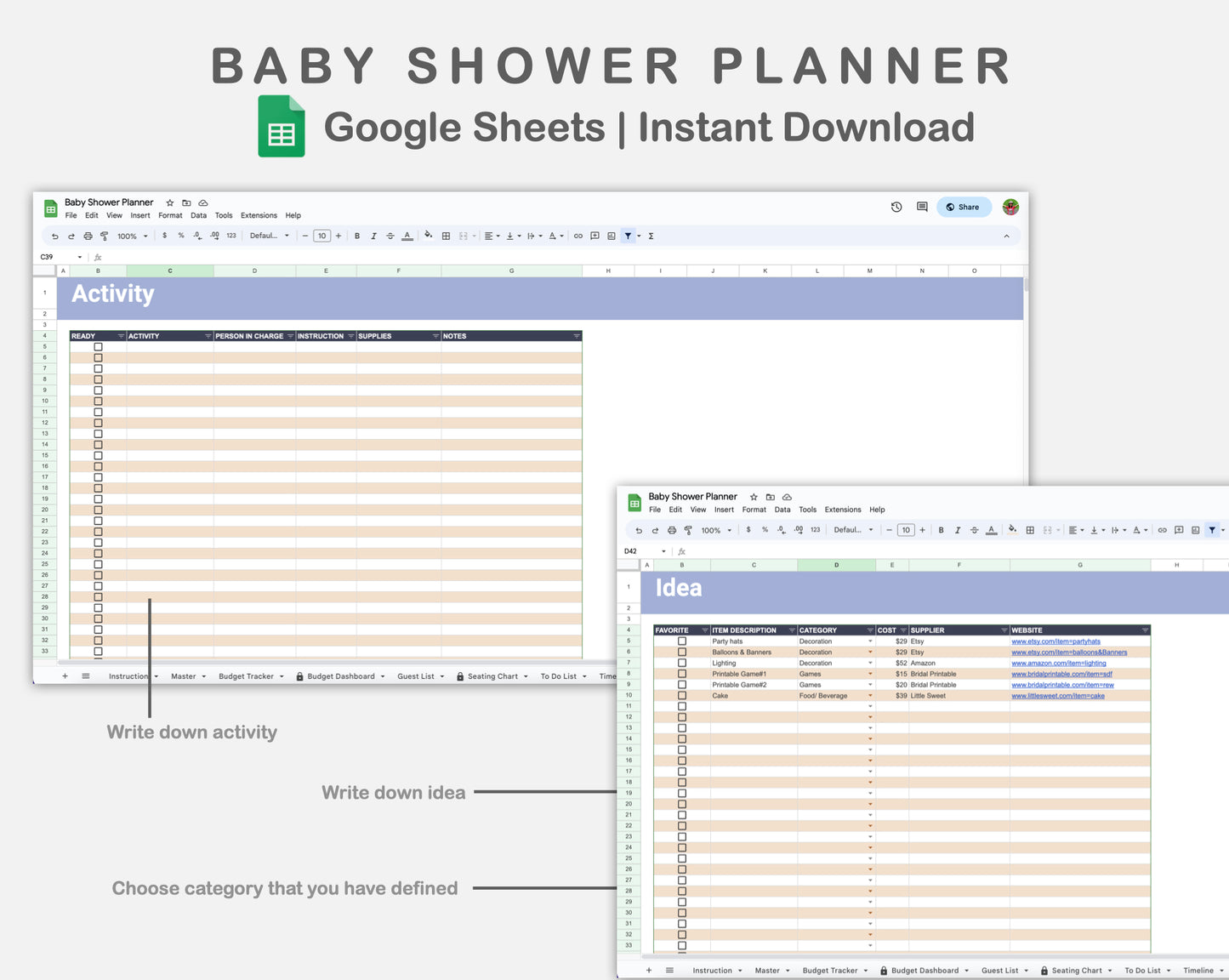 Google Sheets - Baby Shower Planner - Sweet