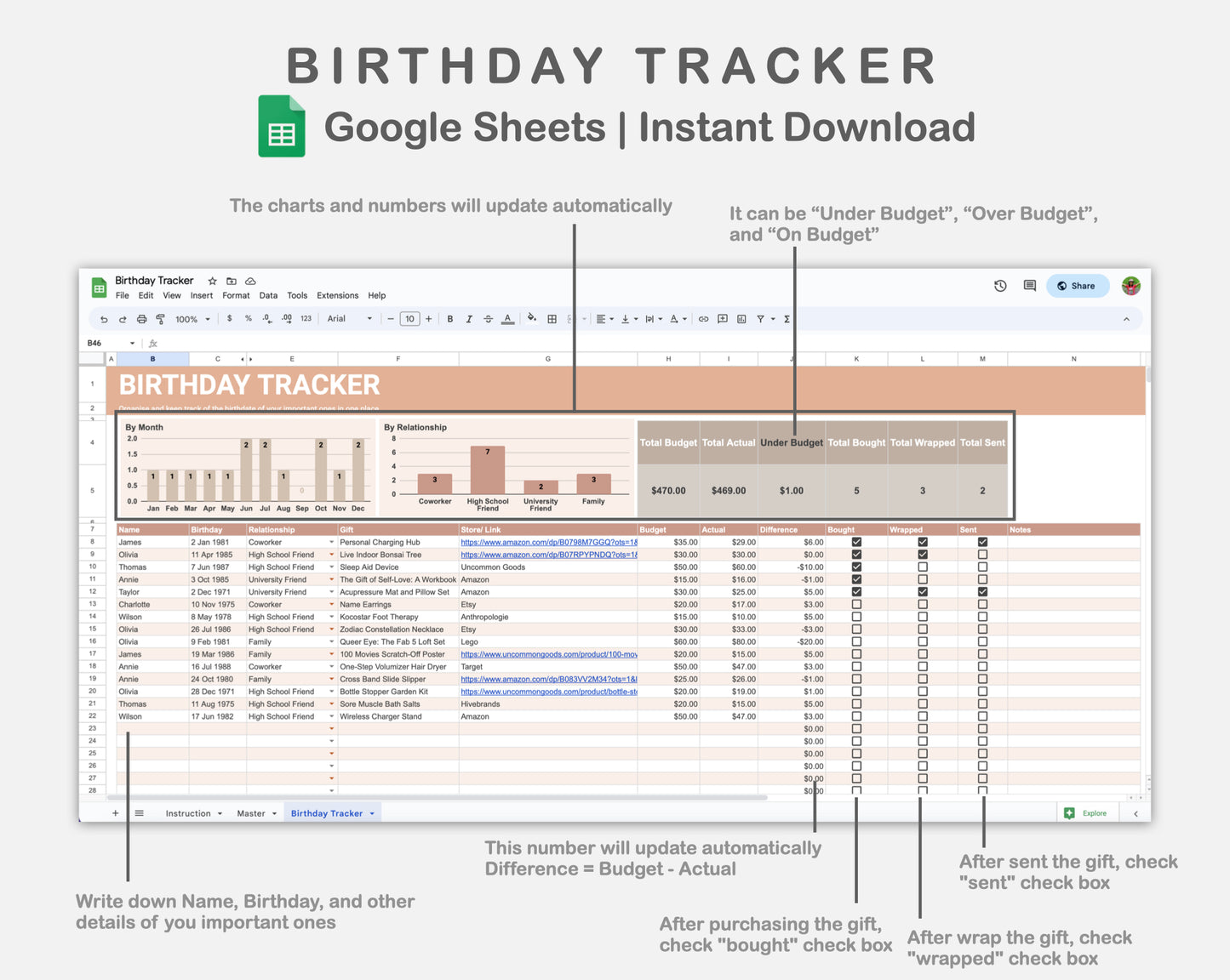 Google Sheets - Birthday Tracker - Neutral