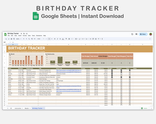 Google Sheets - Birthday Tracker - Boho