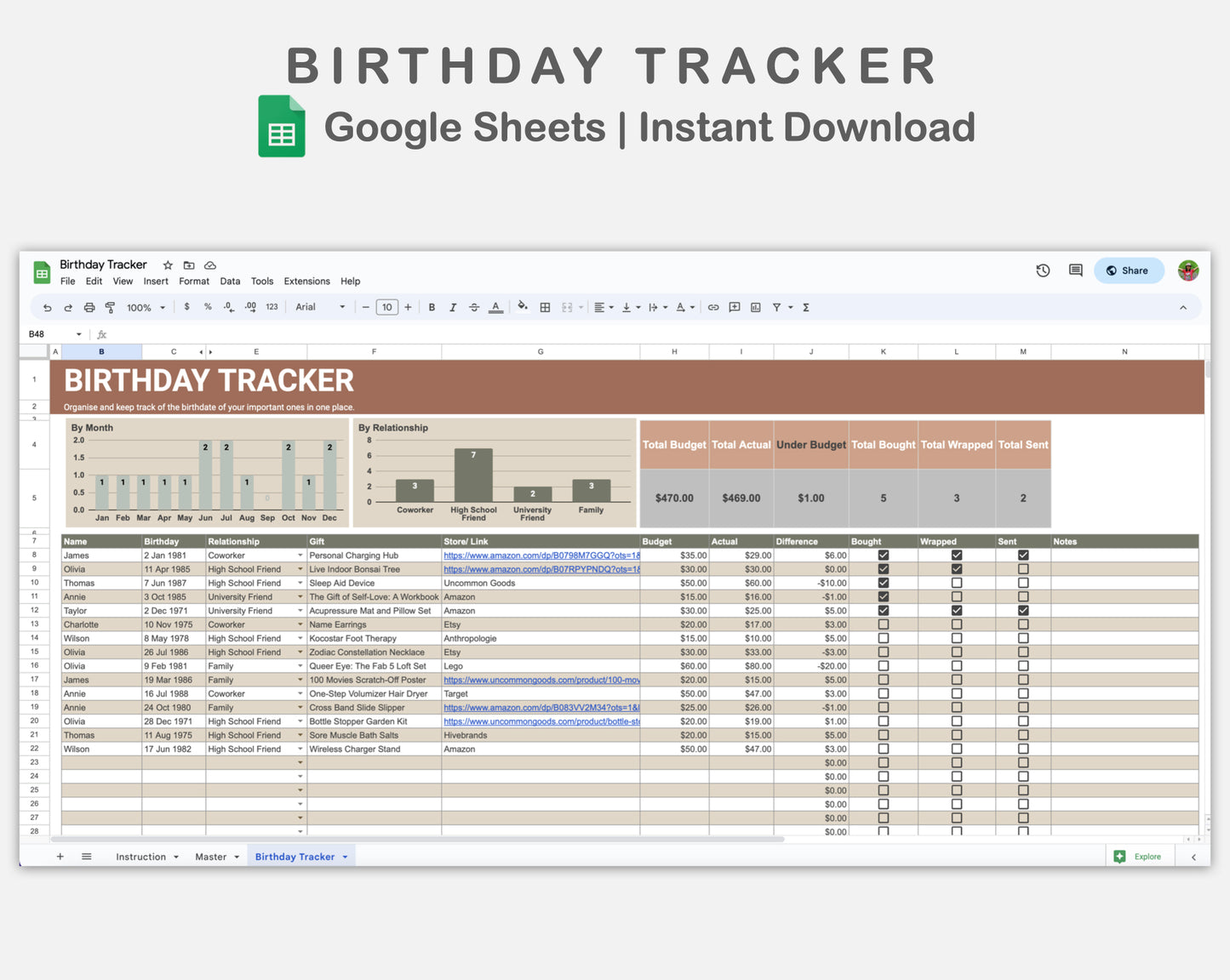 Google Sheets - Birthday Tracker - Earthy
