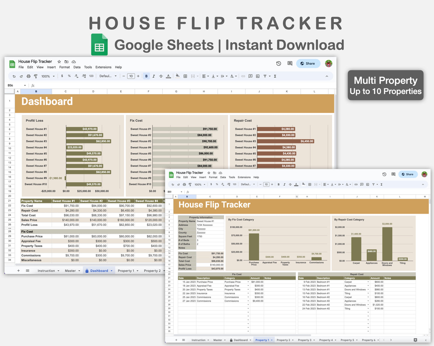 Google Sheets - House Flip Tracker - Boho