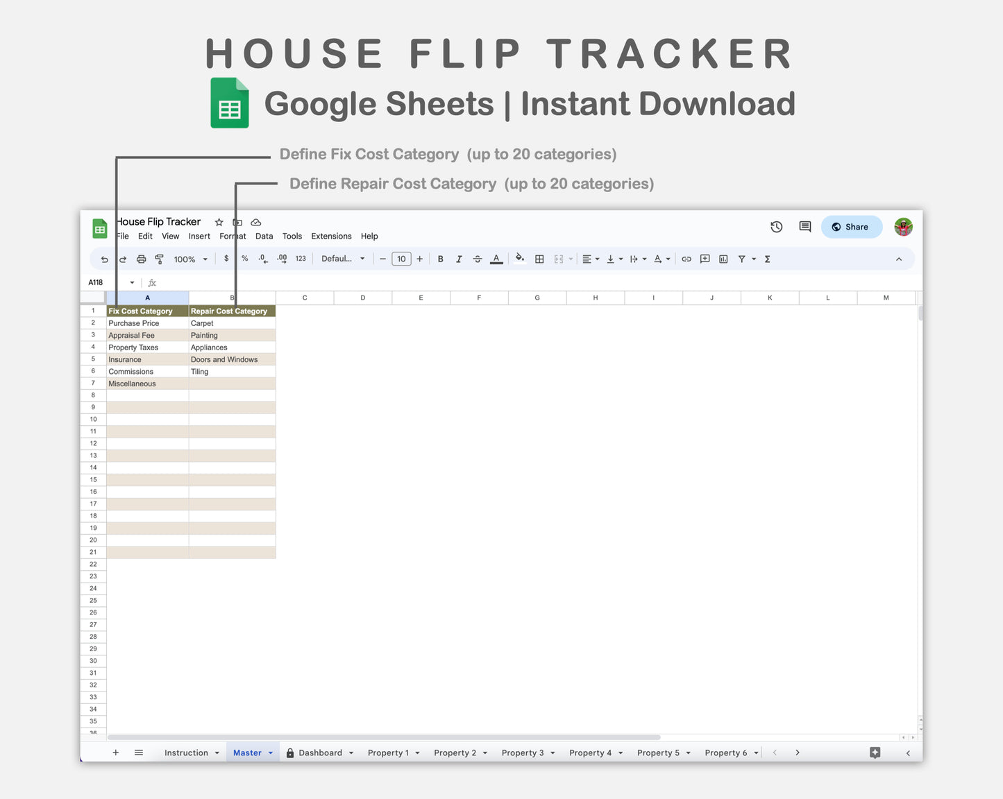 Google Sheets - House Flip Tracker - Boho