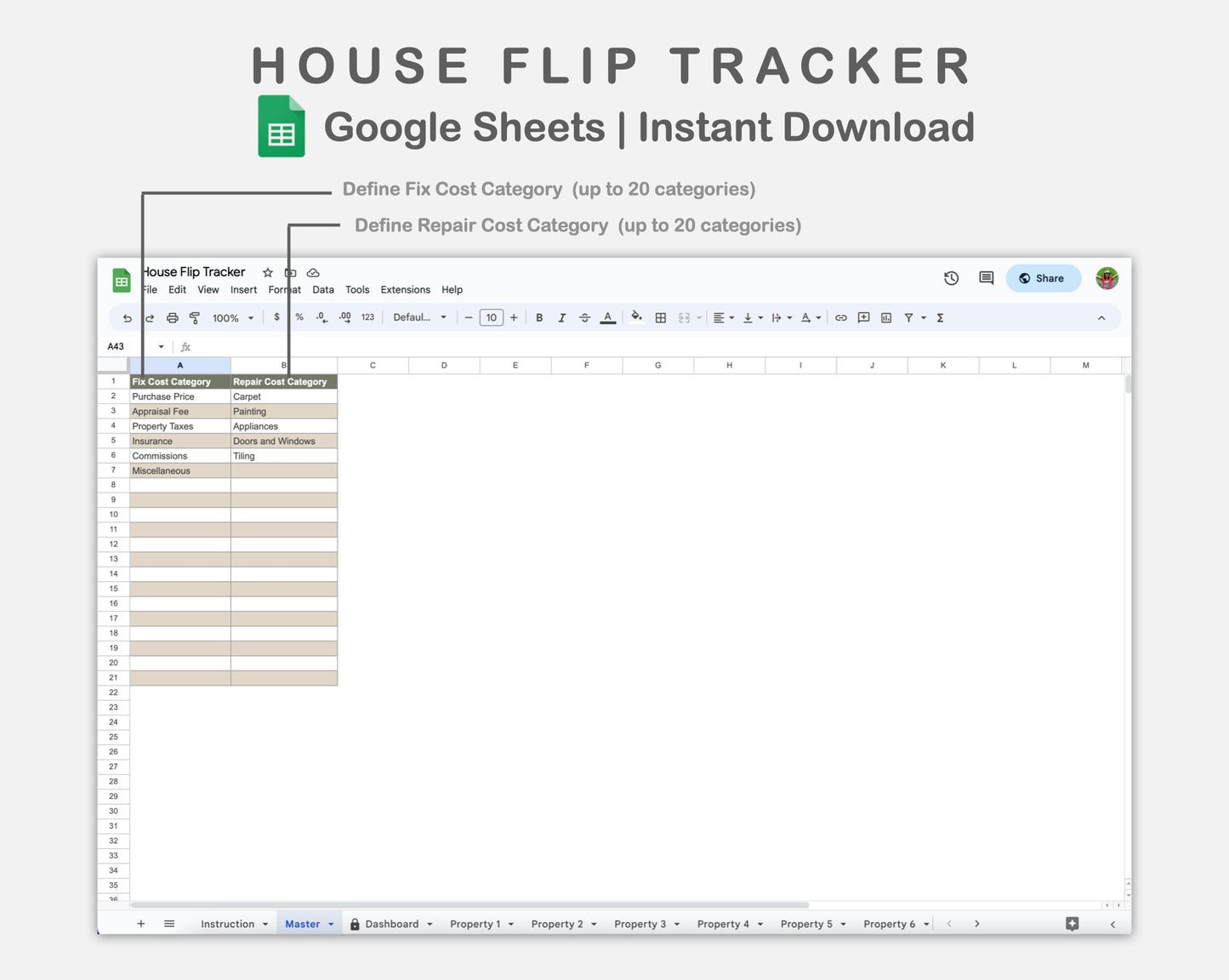 Google Sheets - House Flip Tracker - Earthy