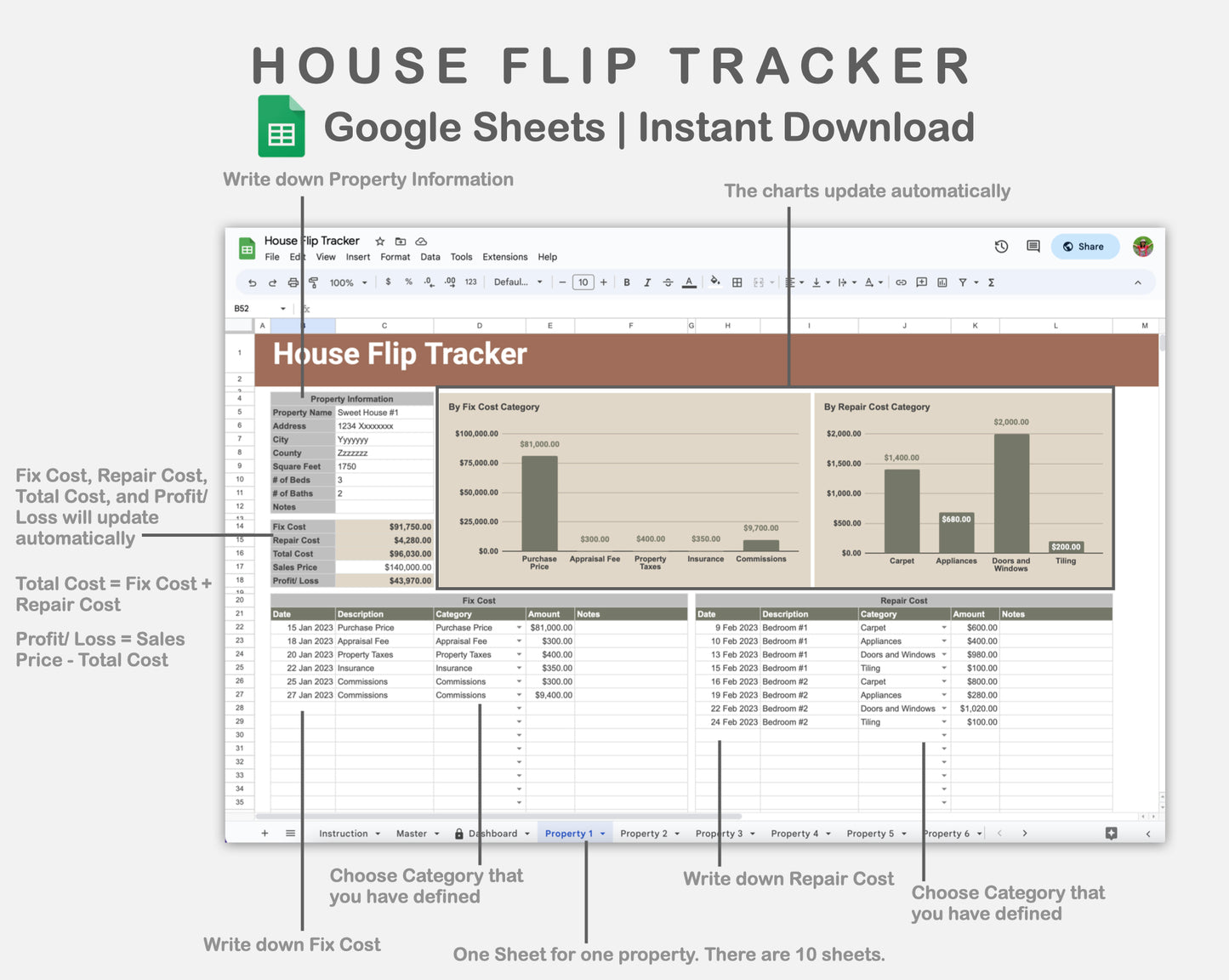 Google Sheets - House Flip Tracker - Earthy