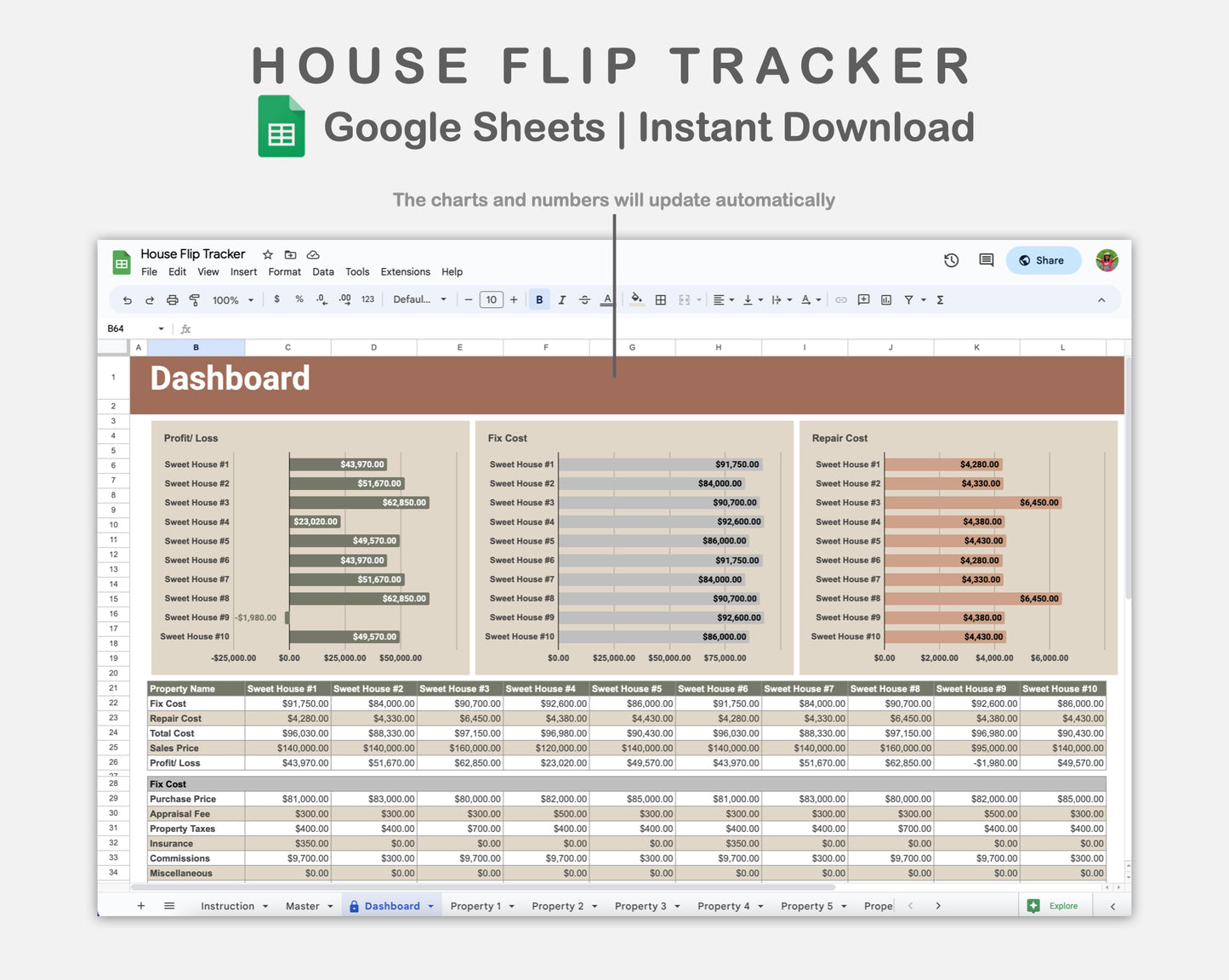 Google Sheets - House Flip Tracker - Earthy